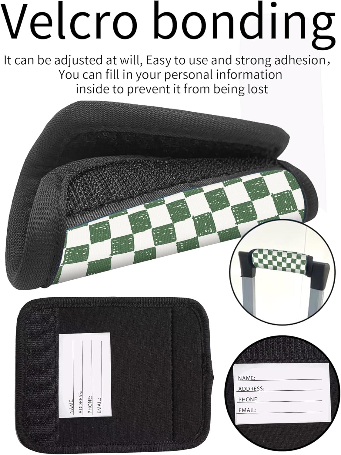 2 Pack Luggage Handle Wrap Travel Tags - Set of Luggage Tags for Suitcases, Identifiers, Marker, and Handle Covers - Cruise Accessories and Travel Gifts（Green Checkerboard