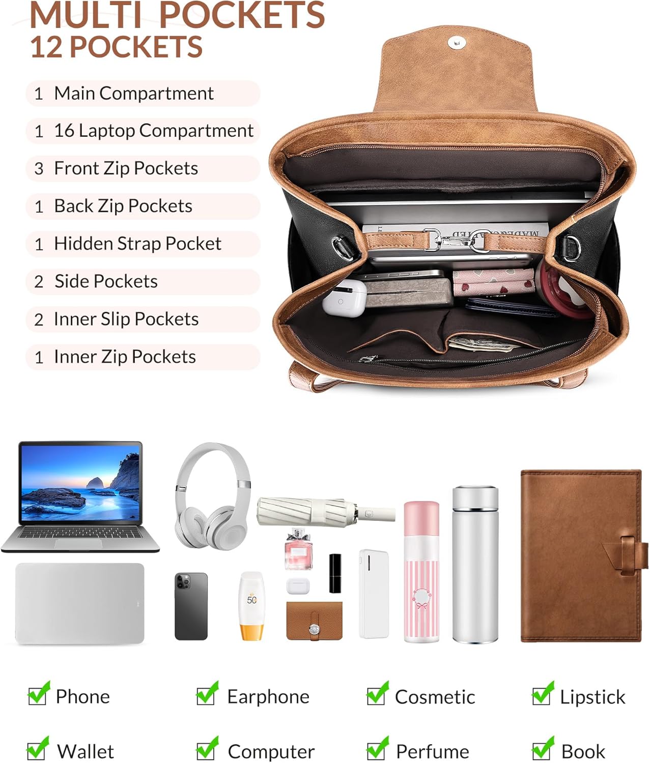 Laptop Bag for Women Designer Leather Laptop Backpack Purse, 16 inch Computer Tote Bags for Work Travel with Satchel Purse Black Brown