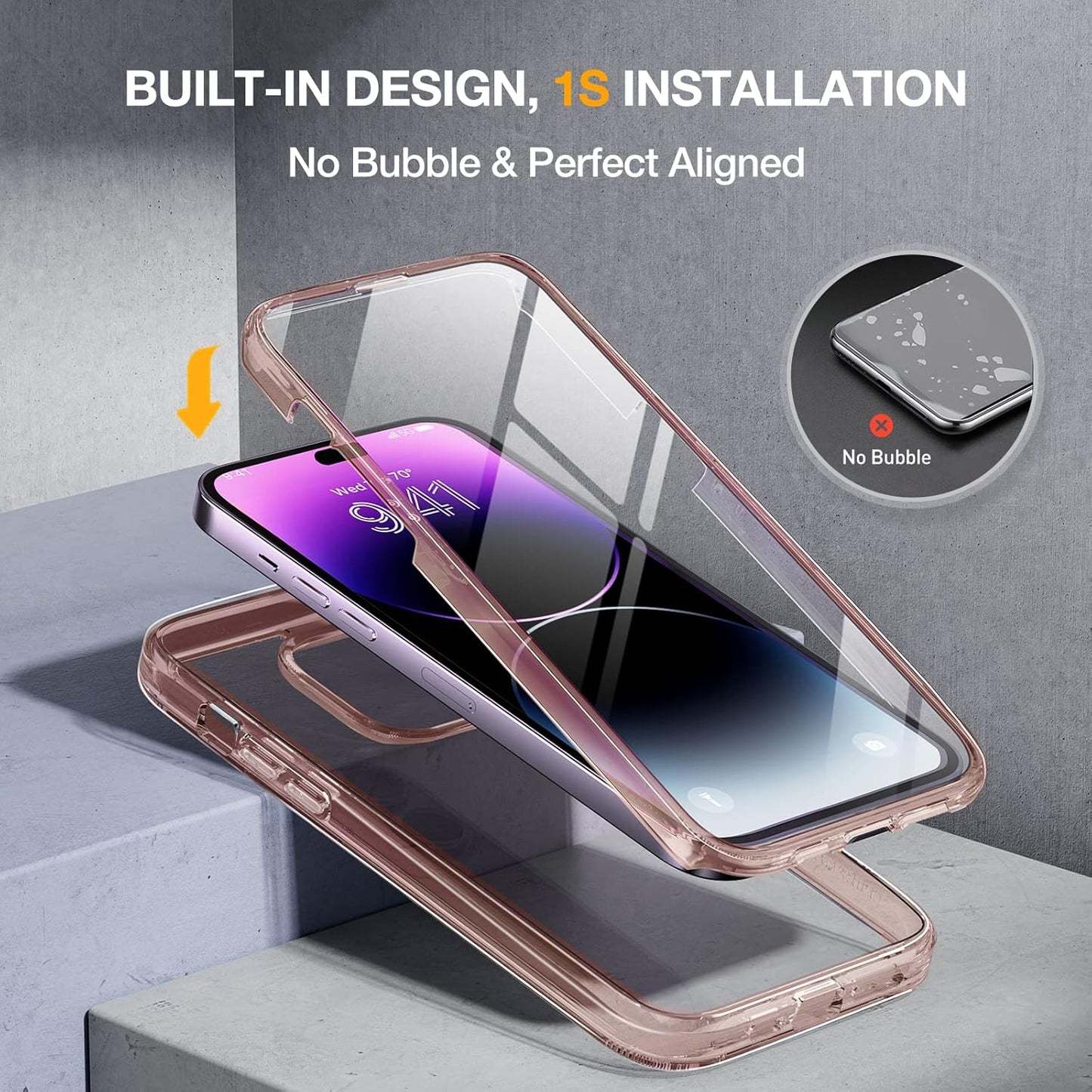 Miracase Glass Series Designed for iPhone 14 Pro Case 6.1 Inch, Upgrade Full-Body Bumper Case with Built-in 9H Tempered Glass Screen Protector, with Camera Lens Protector, Clear Pink