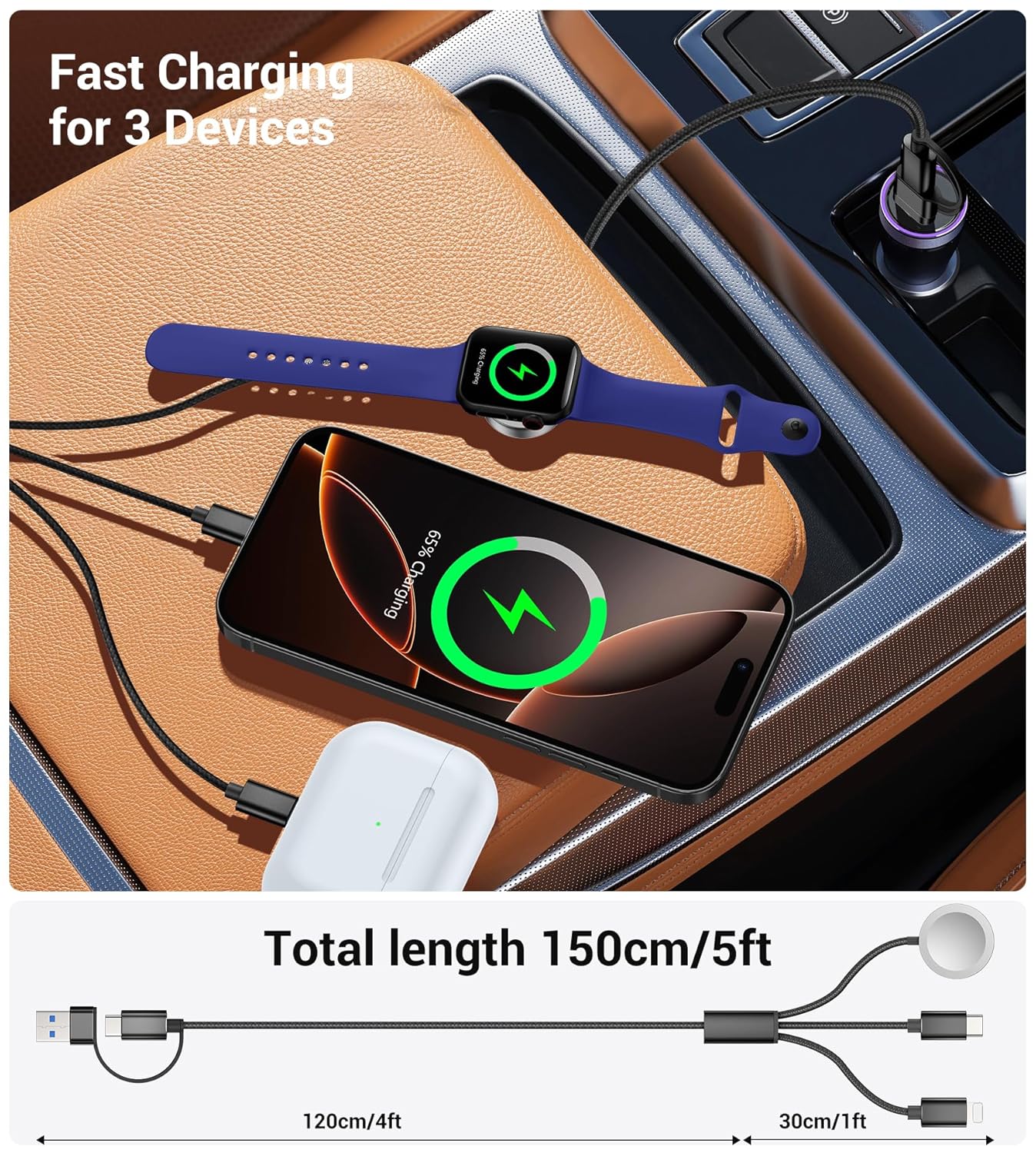 Temdan for Travel Vacation Essentials,3 in 2 USB C Cable for Apple Watch Charger/iPhone 17 Charger/Lightning,Multi Charging Cable Cord,Camping Essentials,Designed for iWatch &iPhone 16-12-5FT Black