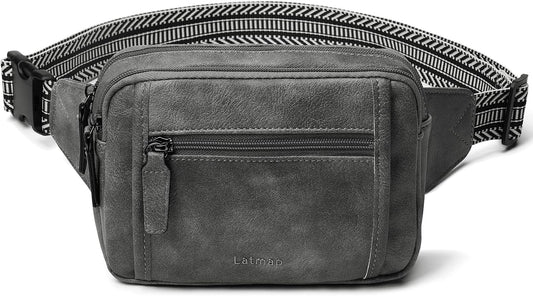3L TRIPLE ZIP Fanny Packs Belt Bag For Women Men Crossbody Waist Pack Sling Chest Bum Travel Bag Purse Faux Leather Fashion Cute Dark Grey