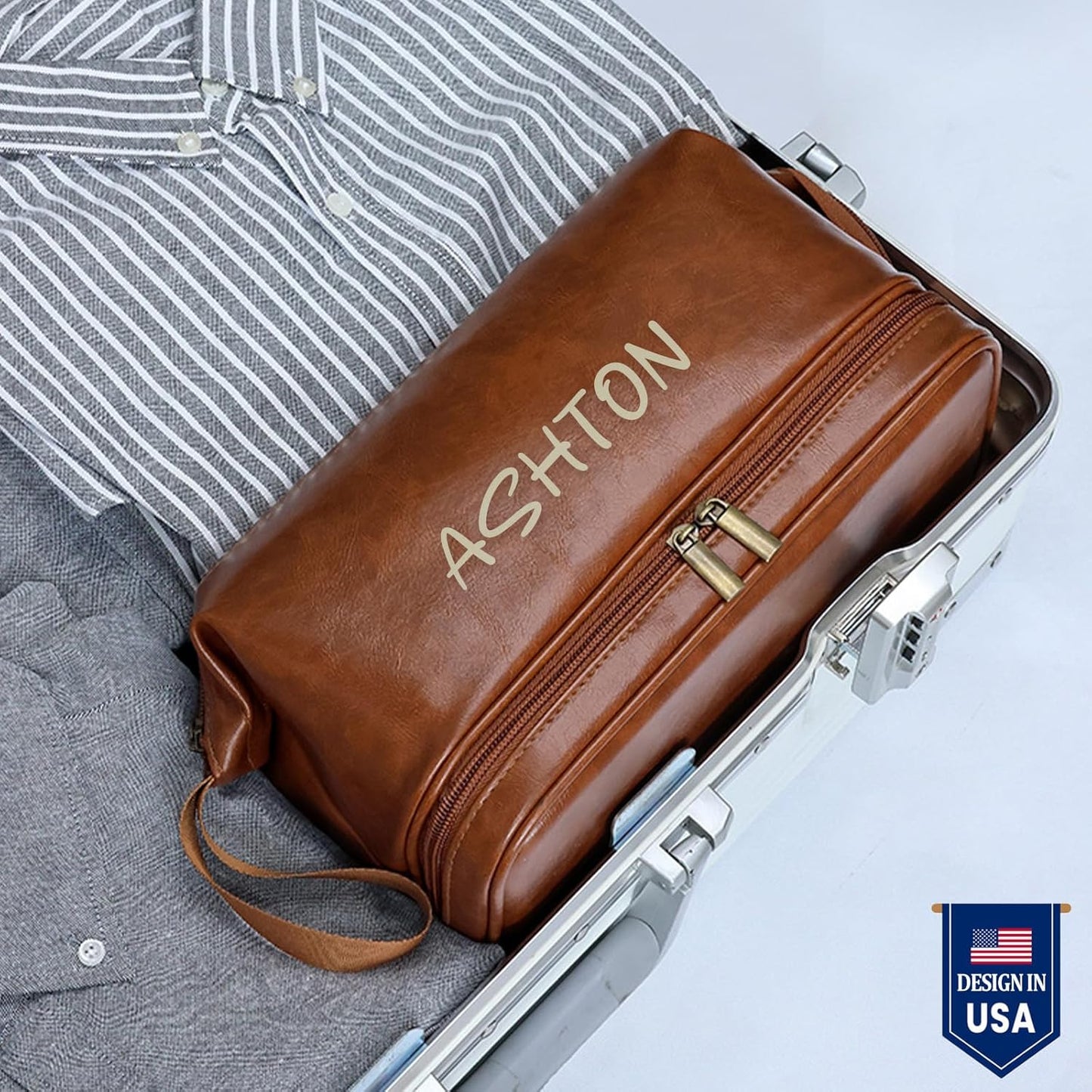 Personalized Leather Toiletry Bag for Men, Engraved Monogrammed Dopp Kit for Men,Travel Pouch,Shaving Bags,Gifts for Birthday,Anniversary,Travel,Dad,Husband,Grandpa,Lover,Groomsmen (STYLE 2)