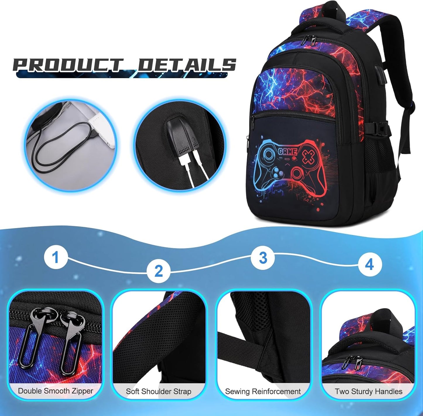 Boys Backpack for School, 3PCS Cool Luminous Gamer Backpack for Boys with Lunch Box Pencil Case, Kids Backpacks Bookbag for Teen Boy Elementary Middle High School with USB Charging Port