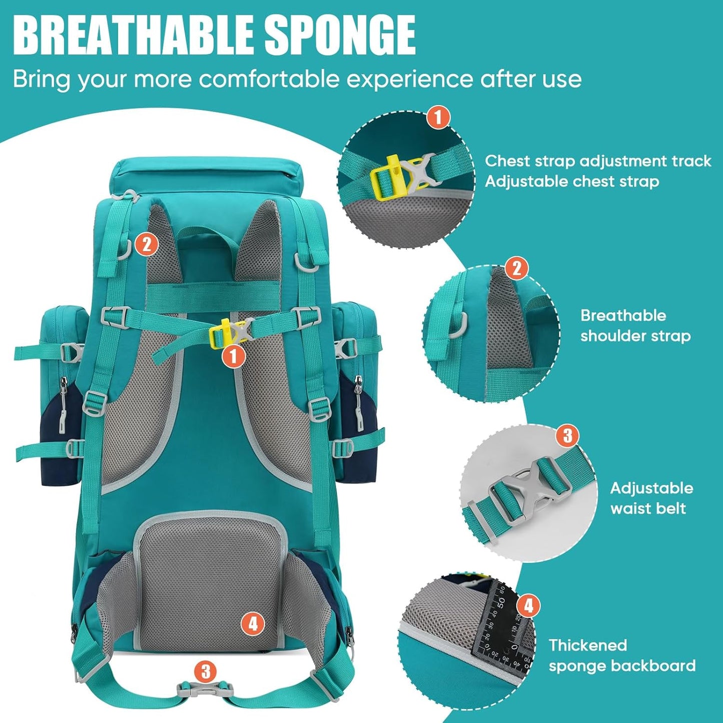 Bseash 70L (65+5) Waterproof Hiking Camping Backpack with Rain Cover, Outdoor Sport Travel Daypack for Climbing Touring (Blue Green)