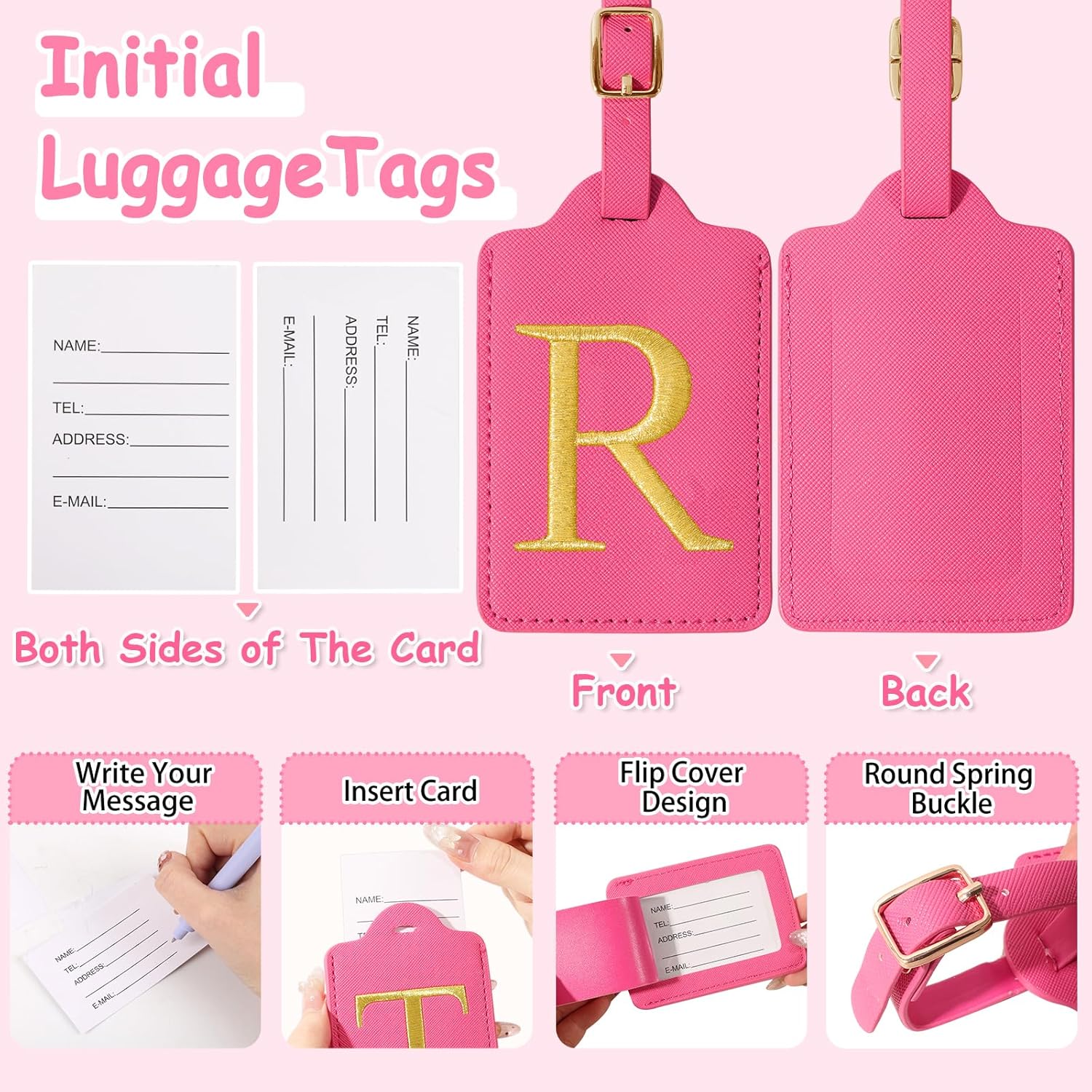 Personalized Initial Luggage Tags for Suitcases, Cute PU Leather Embroidered Letter Travel Luggage