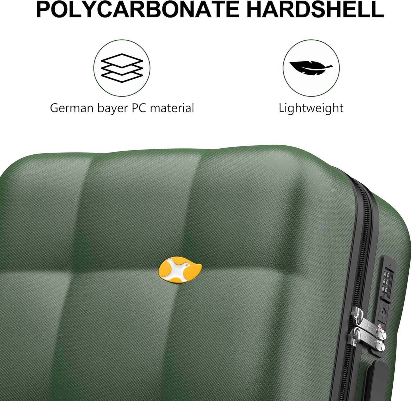 MGB 24 Inch Luggage Suitcases With Spinner Wheels Lightweight PC Hard Shell Rolling Suitcase with Travel Lock for Travel Woman Men, Checked-Medium 24-Inch, Dark Green