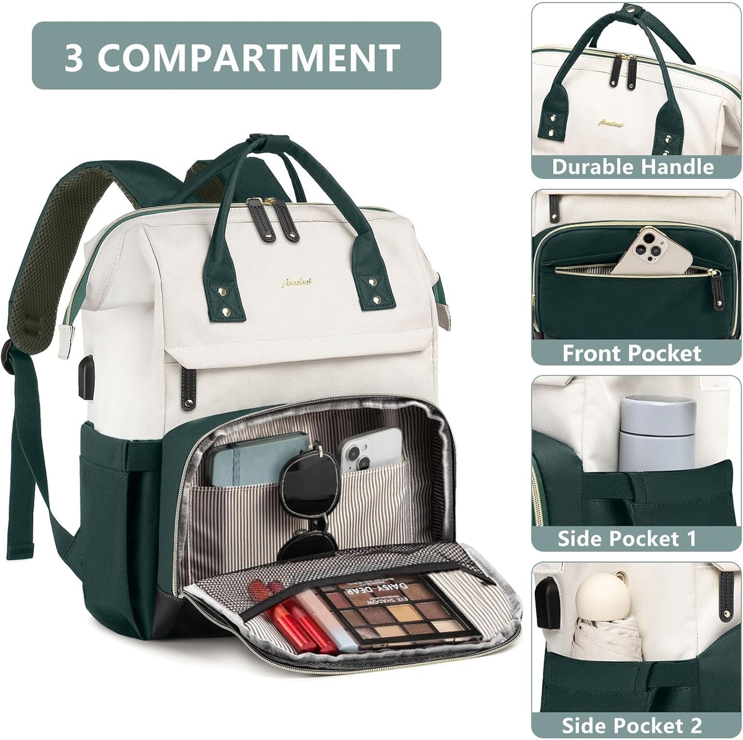 Laptop Backpack Women Work Bag: 15.6 inch Work Bookbag with USB Charging Port Large Travel Backpack Purse for College Nurse Casual Daypack for Teacher Professional Computer Backpack Beige Dark Green