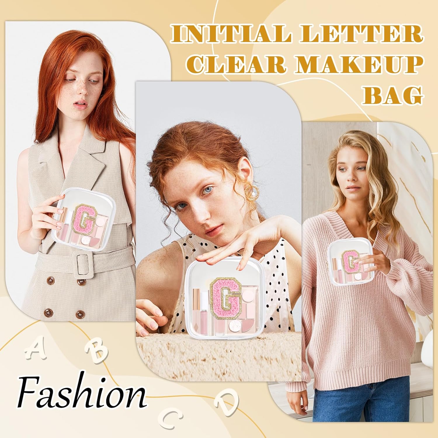 Personalized Initial Letter Clear Preppy Makeup Bag,Mini Nylon Chenille Letter Cosmetic Bag Cute
