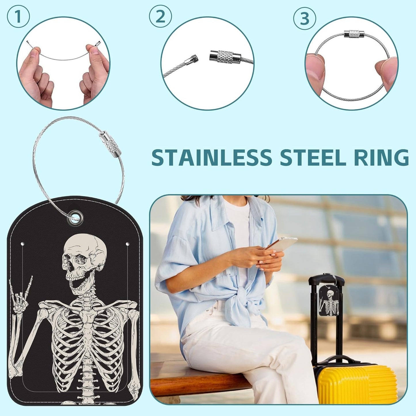 2 Pack Cute Luggage Tag for Suitcases Skull Rock and Roll Leather Luggage Tags with Stainless Steel Loop Privacy Flap Name Tags,Men and Women Travel Bag Suitcase Tags