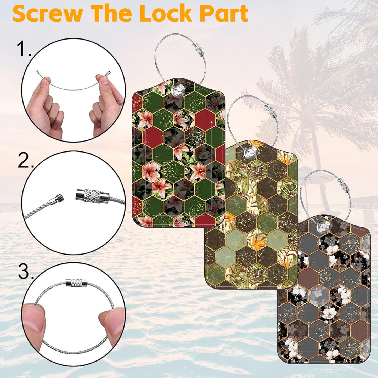 3 Pack PU Leather Luggage Tag for Suitcase Marble and Flower Suitcase Tags with Privacy Name ID Label and Stainless Steel Loop for Travel Bag