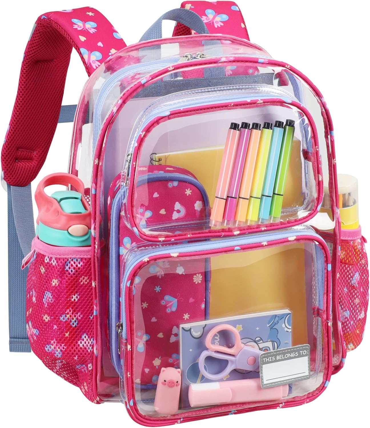 Bagseri Clear Backpack for Girls - 15 Inch Clear Bookbag for Kids Aged 3 to 8 Heavy Duty Transparent Backpack for School, Cute See Through Bag with Reflective Strip, Rose Pink Butterfly