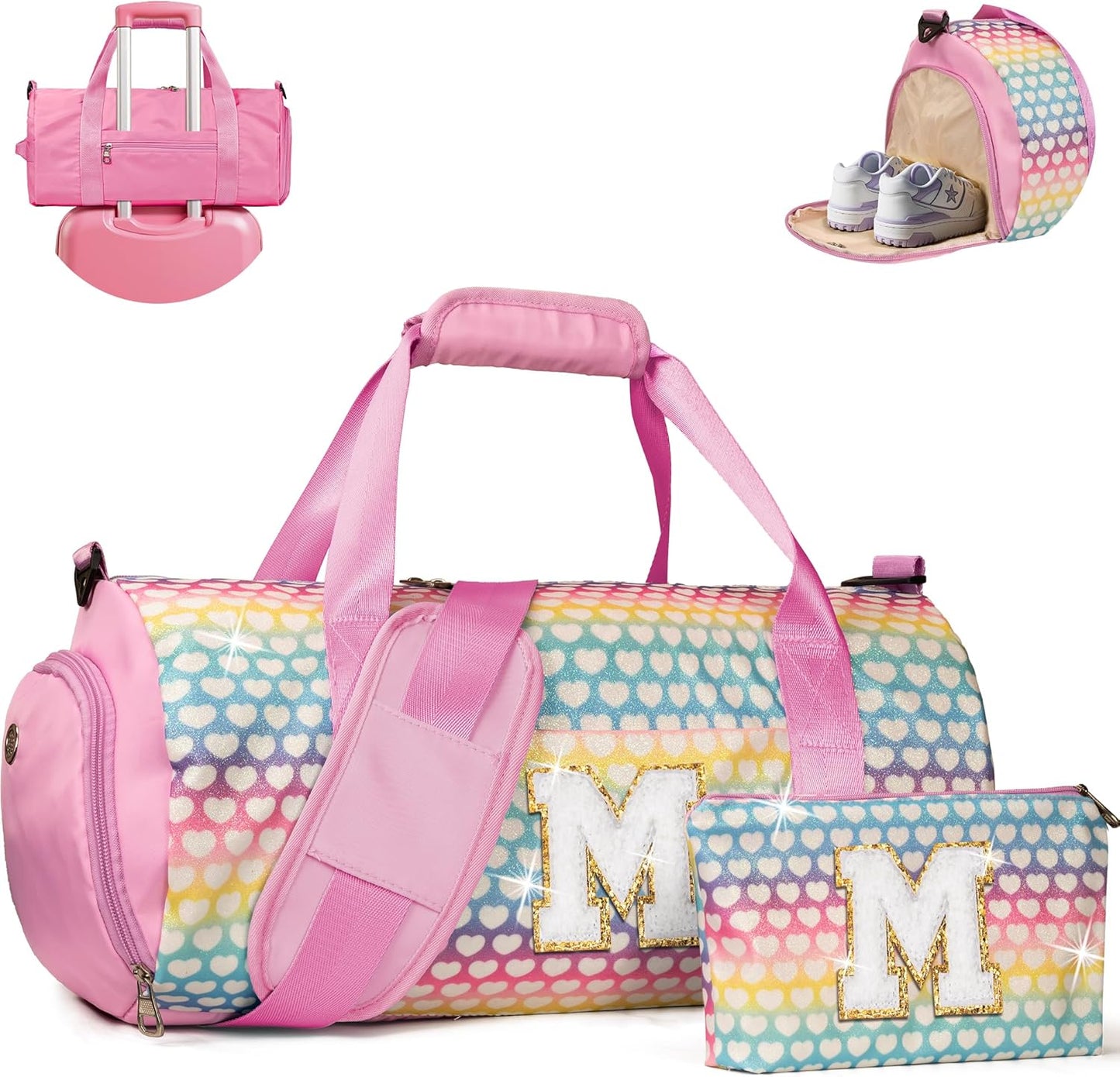 Gift for 3 4 5 6 7 8 9 Year Old Girl, Girls Travel Duffel Bag, Kids Initial Overnight Bags with Shoe Compartment, Personalized Weekender Bag with Makeup Pouch, Cheer Stuff (Letter M)