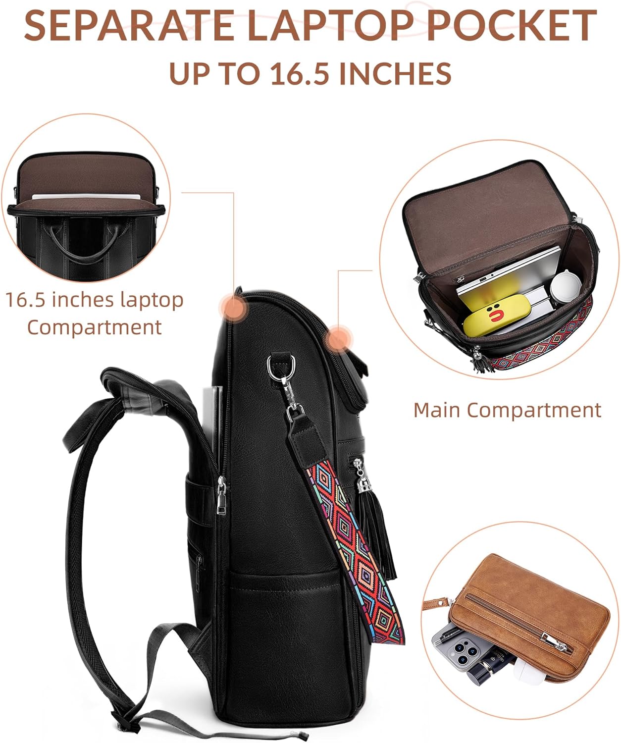 Leather Laptop Backpack for Women Designer Laptop Bag, 16.5 inch Travel Computer Backpacks Purse with Tassel for Work Business with Satchel Purse Black