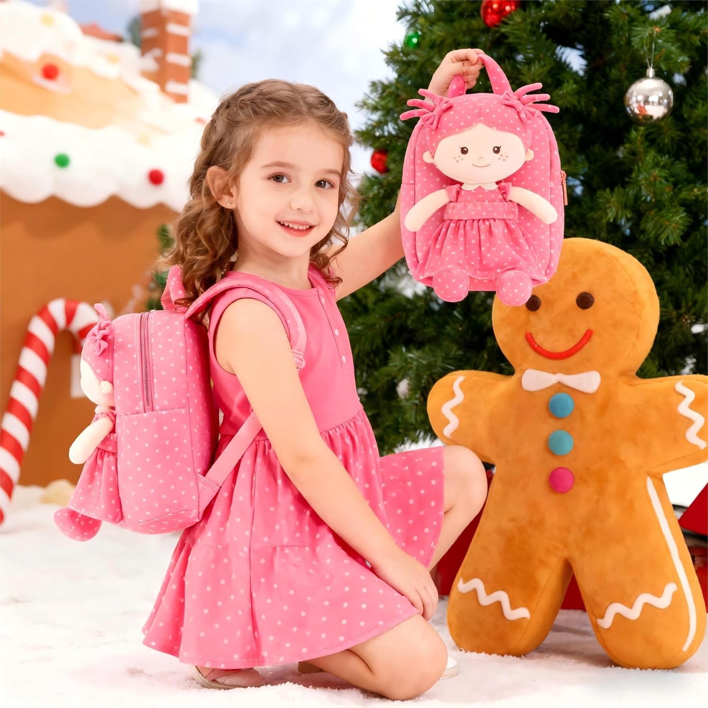 Onetoo Toddler Backpack Back to School Gifts for Girls Kids Backpacks with Soft Light Baby Dolls in Rose Red Polka Dots Dress 9"