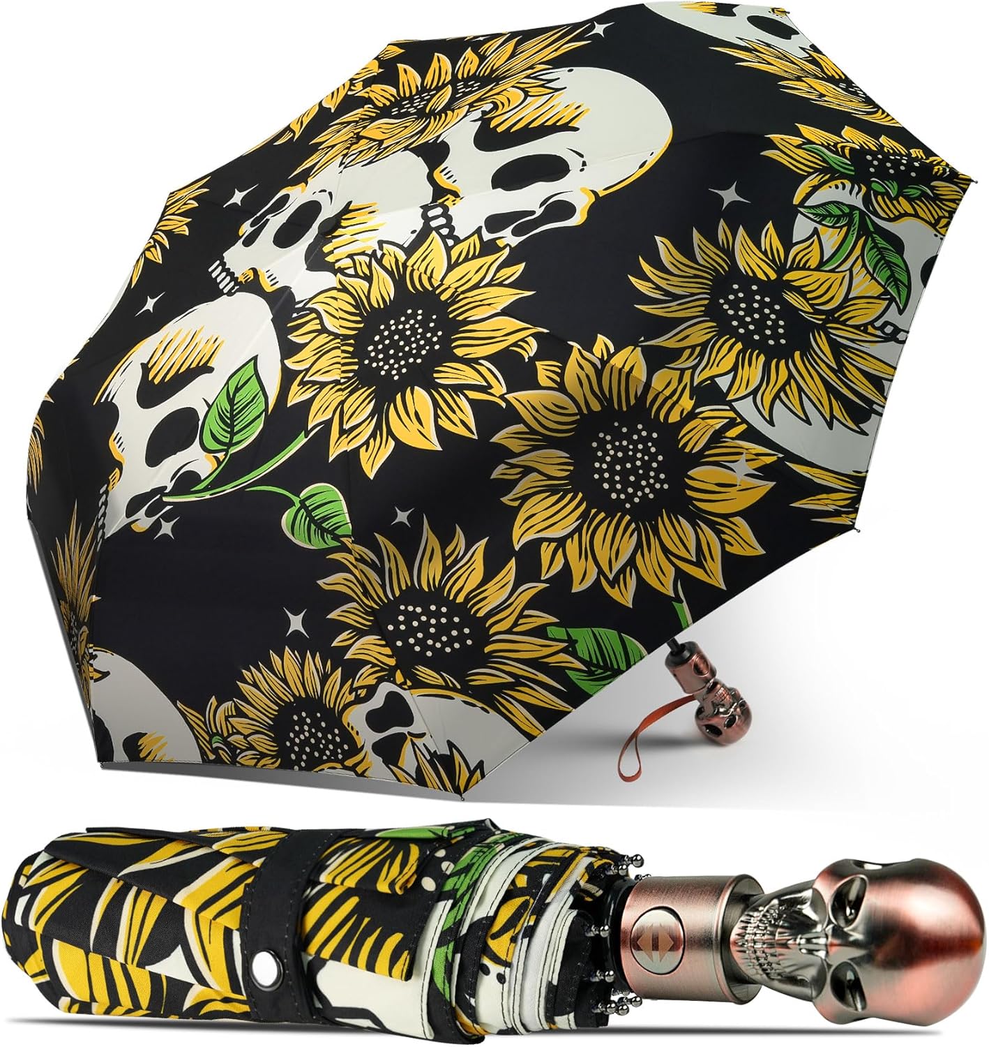 Lejorain Mens Black Skull Umbrella - Automatic Luxury Travel Windproof Umbrella Compact - Portable Strong Lightweight Rain Umbrella for Adults