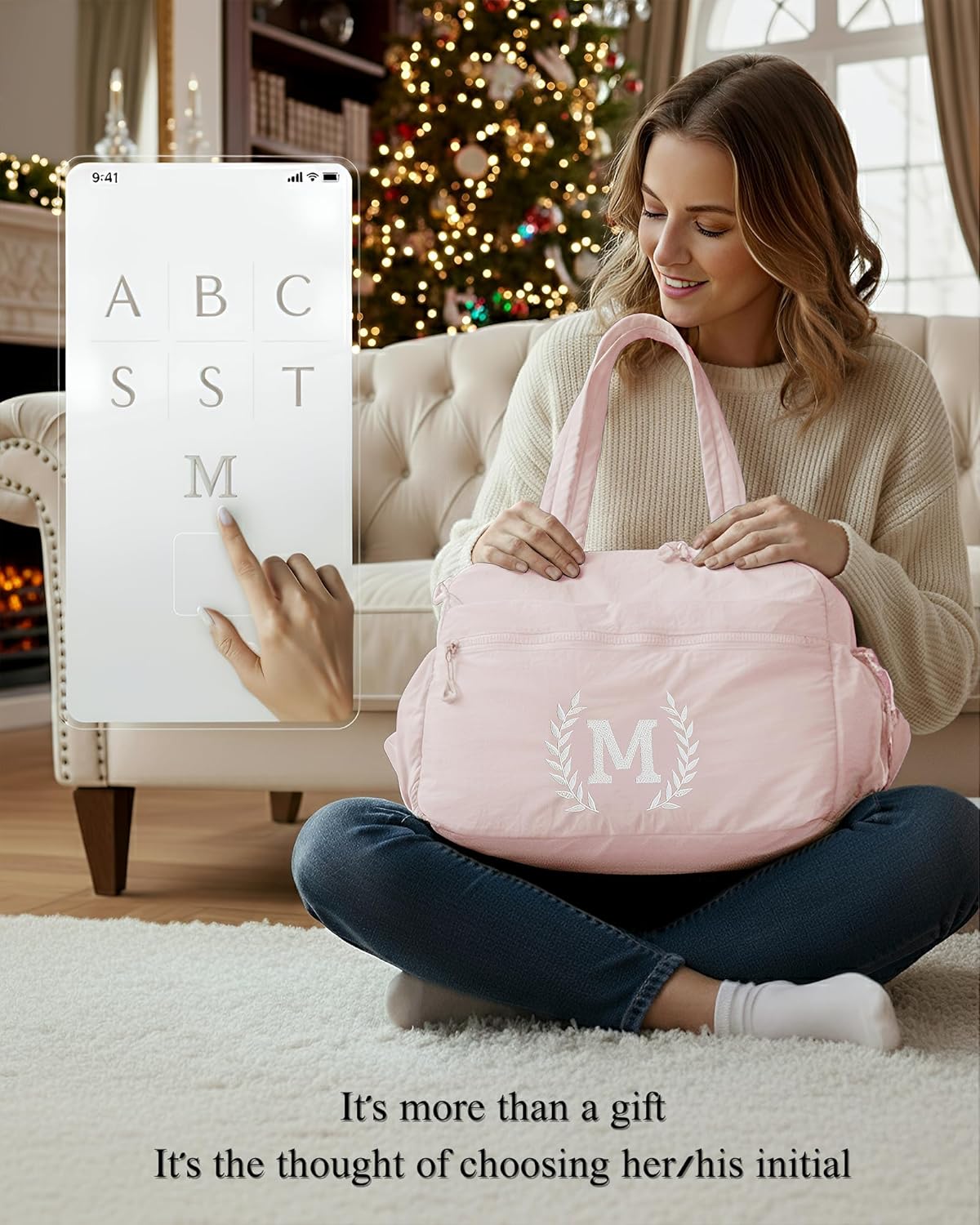 Gift for Women, Kid & Friend, Initial Girls Duffle Bag, Monogrammed Personalized Overnight Weekender, Birthday Gifts for Teen, Mom, Daughter, Grandmother, Dad (Pink, E)