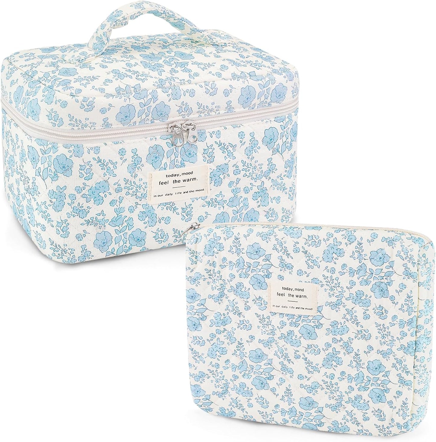 2 Pcs Quilted Makeup Bag, Floral Cosmetic Bag Cotton Large Travel Coquette Toiletry Puffer Bag Aesthetic Cute Little Bule Flower Makeup Bag for Women Girls
