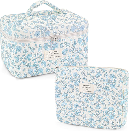 2 Pcs Quilted Makeup Bag, Floral Cosmetic Bag Cotton Large Travel Coquette Toiletry Puffer Bag Aesthetic Cute Little Bule Flower Makeup Bag for Women Girls