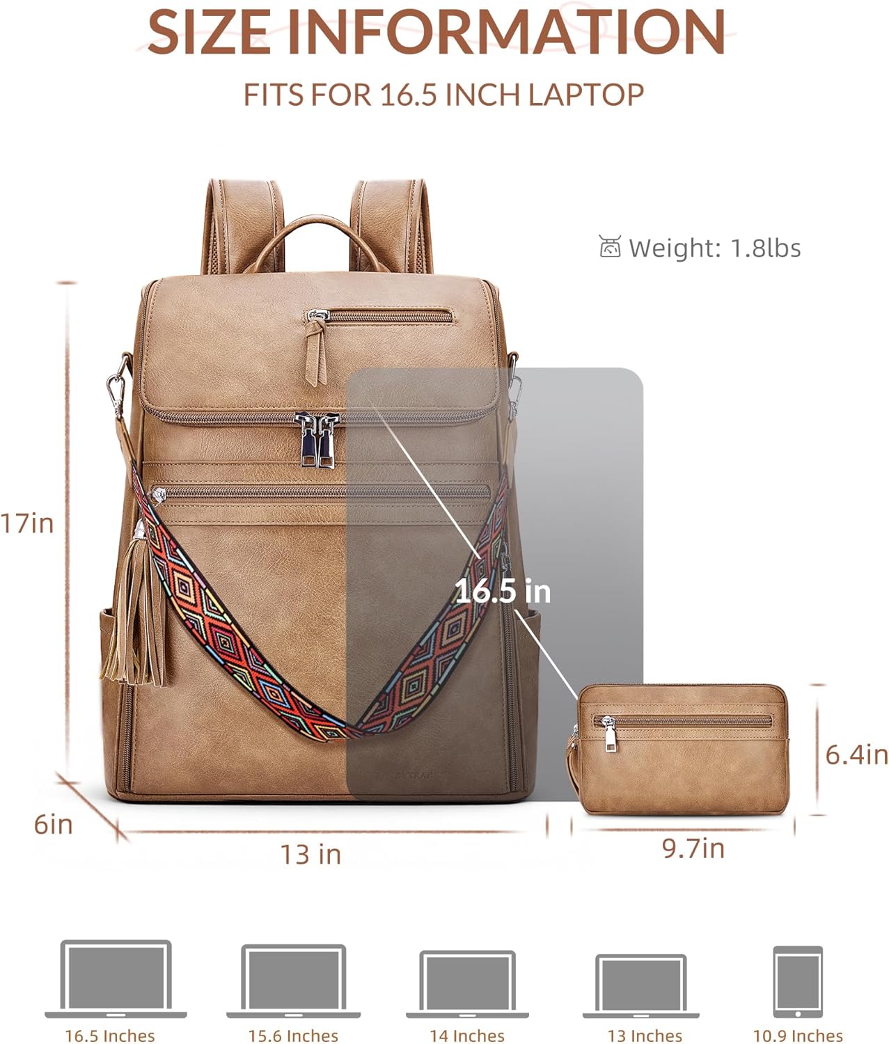 Leather Laptop Backpack for Women Designer Laptop Bag, 16.5 inch Travel Computer Backpacks Purse with Tassel for Work Business with Satchel Purse Camel Brown