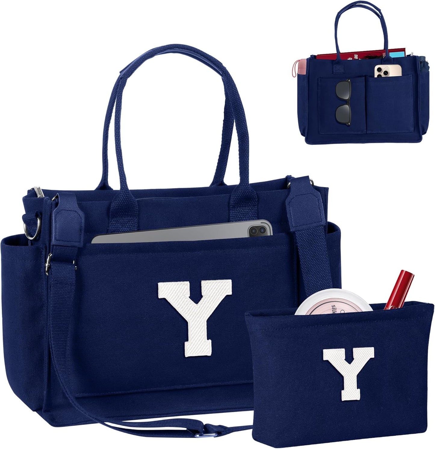 Gifts for Women Teen Girls, Initial Tote Bag with Zipper, Letter Canvas Tote Purse for College Work Laptop Beach