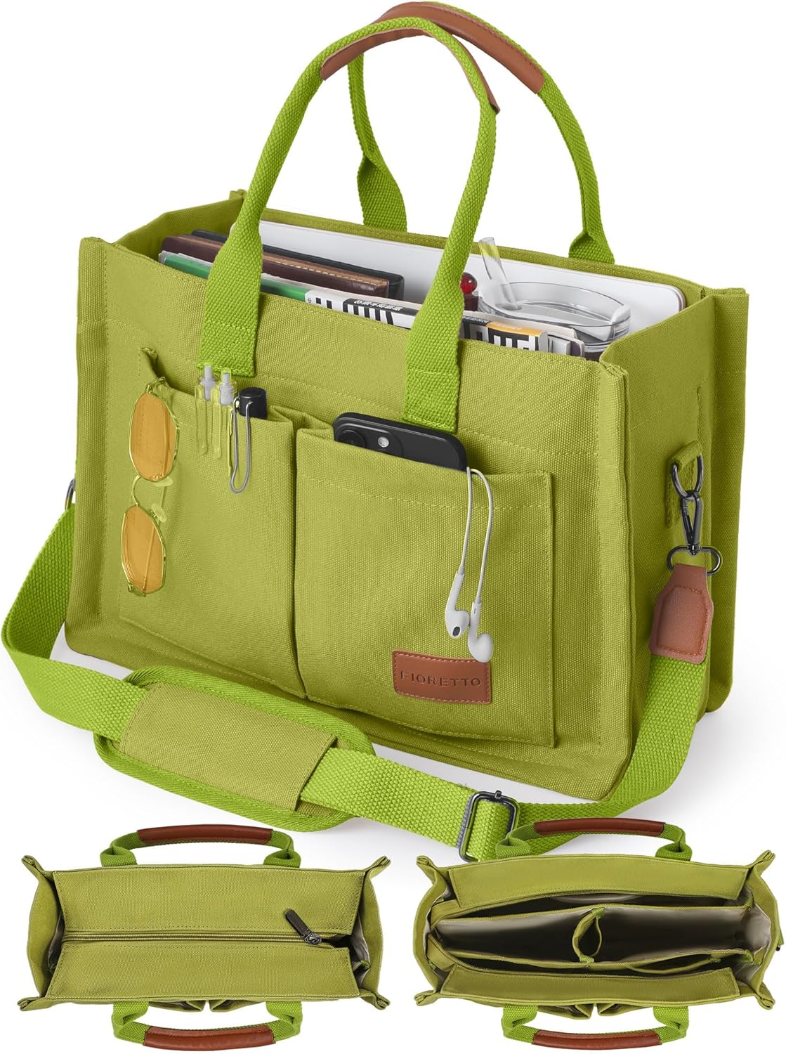 FIORETTO Canvas Tote Bag for Women with Zipper Closure & Individual Compartments for Work College for Teacher & Nurse
