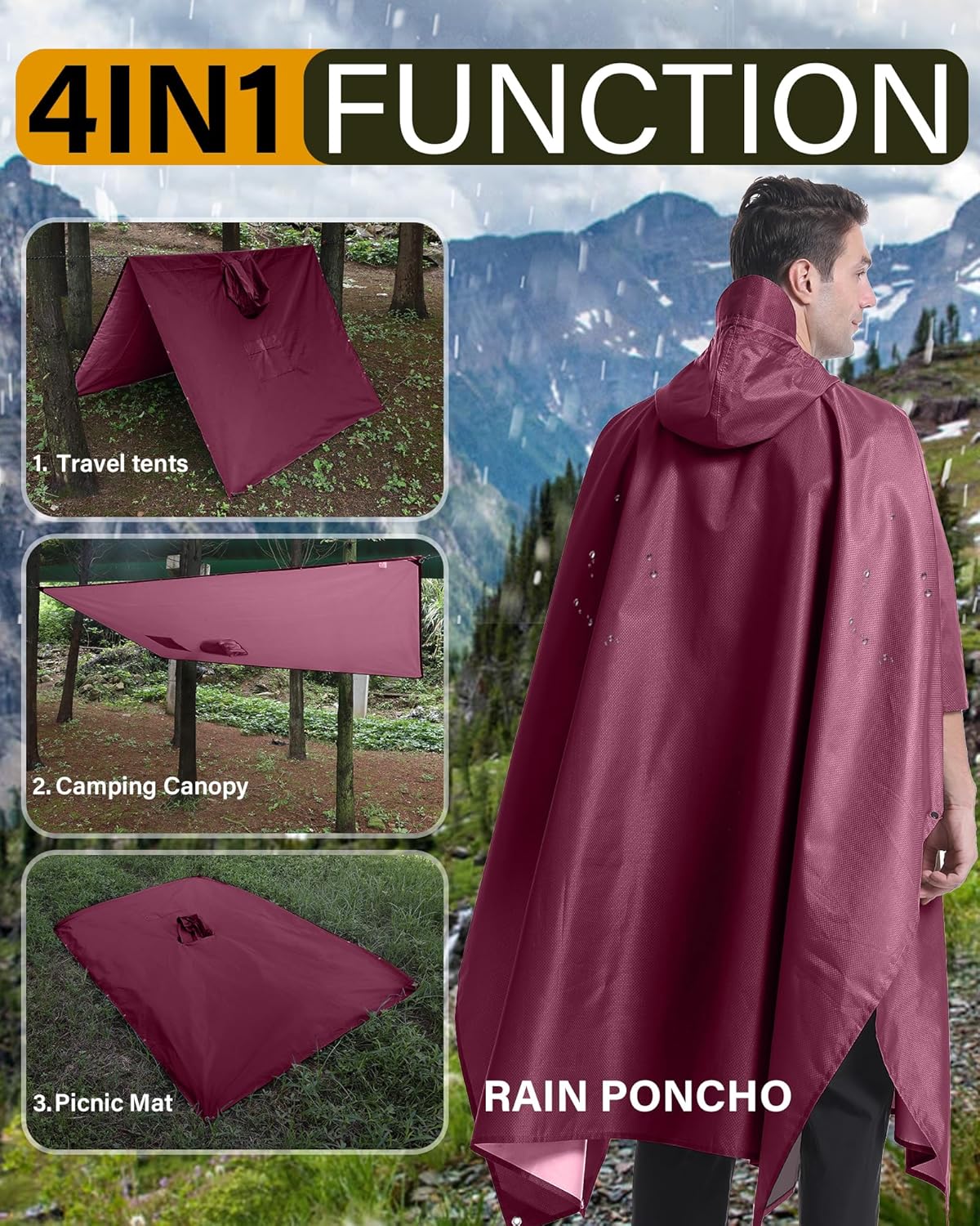 iCreek Hooded Rain Poncho Packable Unisex Raincoat Jacket with Pocket Waterproof Lightweight for