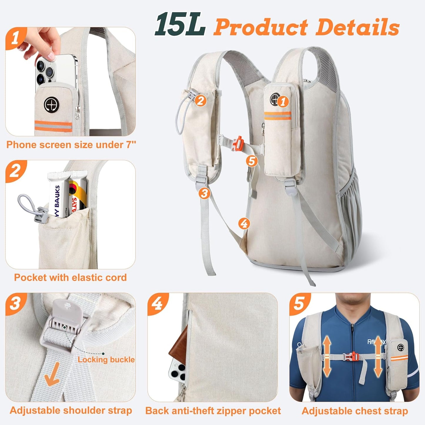 15L Small Hiking Backpack for Men Women Foldable Packable Back Pack Ultralight Hiking Daypack for Travel Camping Outdoor, Beige
