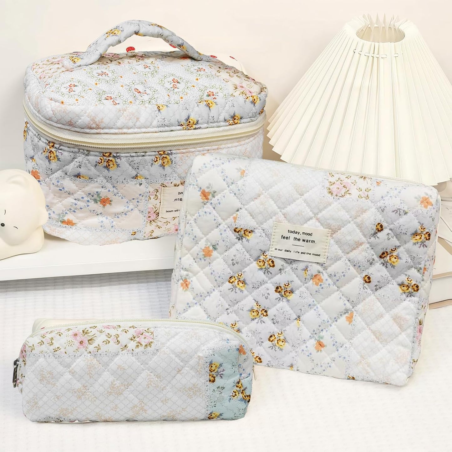 Quilted Makeup Bag, Large Capacity Travel Cosmetic Bag for Women and Girls, Aesthetic Storage for Daily and Travel Use (3pcs-overfloral)
