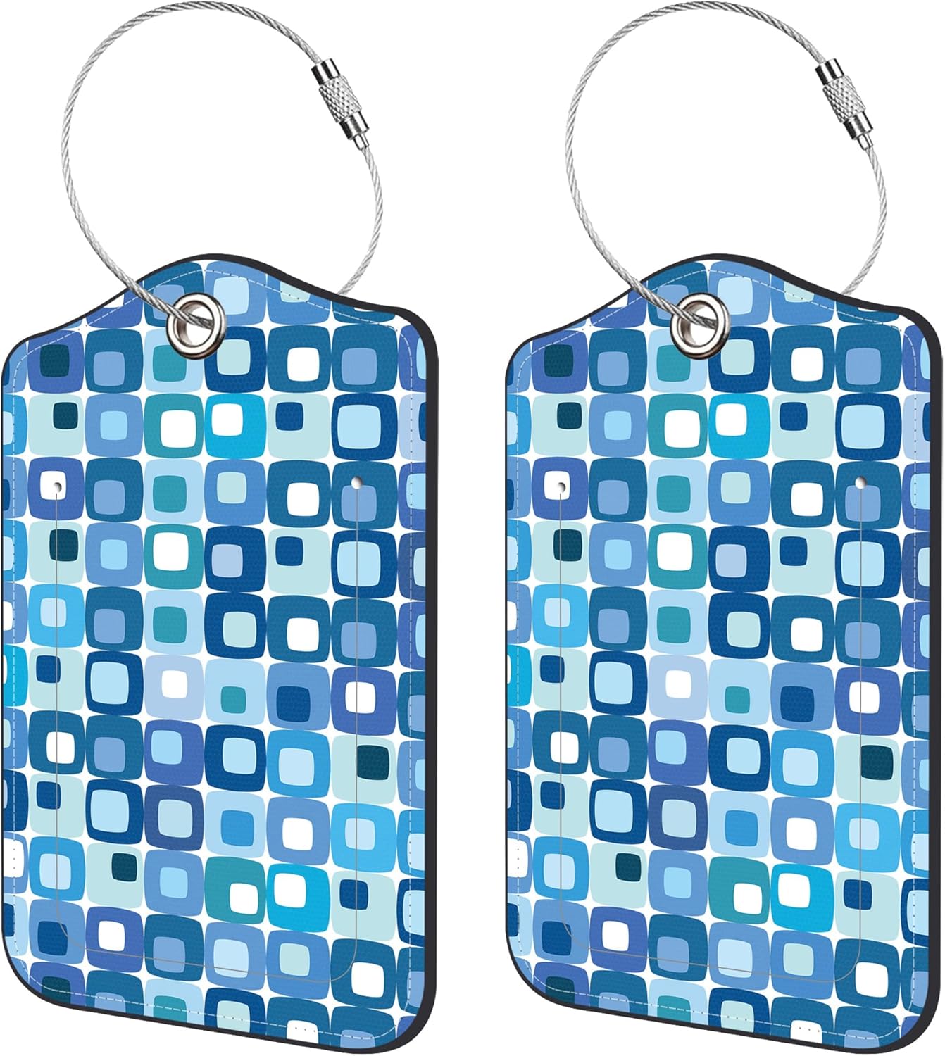 2 Pack Luggage Tags,Retro Blue Square PU Leather Idea Baggage Tag with ID Labels Privacy Cover Metal Ring Men and Women Travel Bag Labels