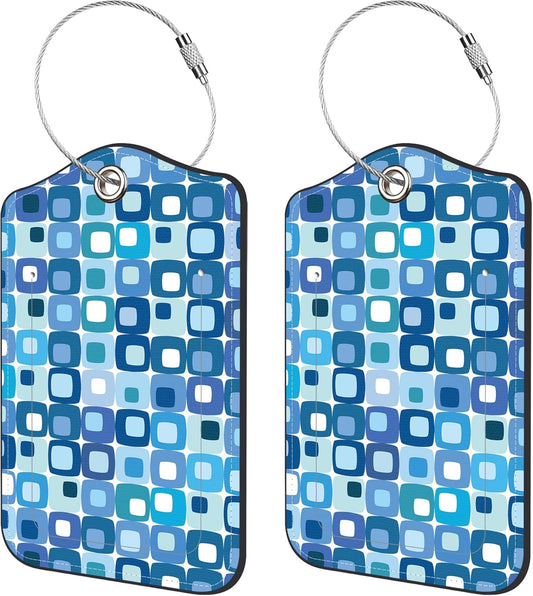 2 Pack Luggage Tags,Retro Blue Square PU Leather Idea Baggage Tag with ID Labels Privacy Cover Metal Ring Men and Women Travel Bag Labels