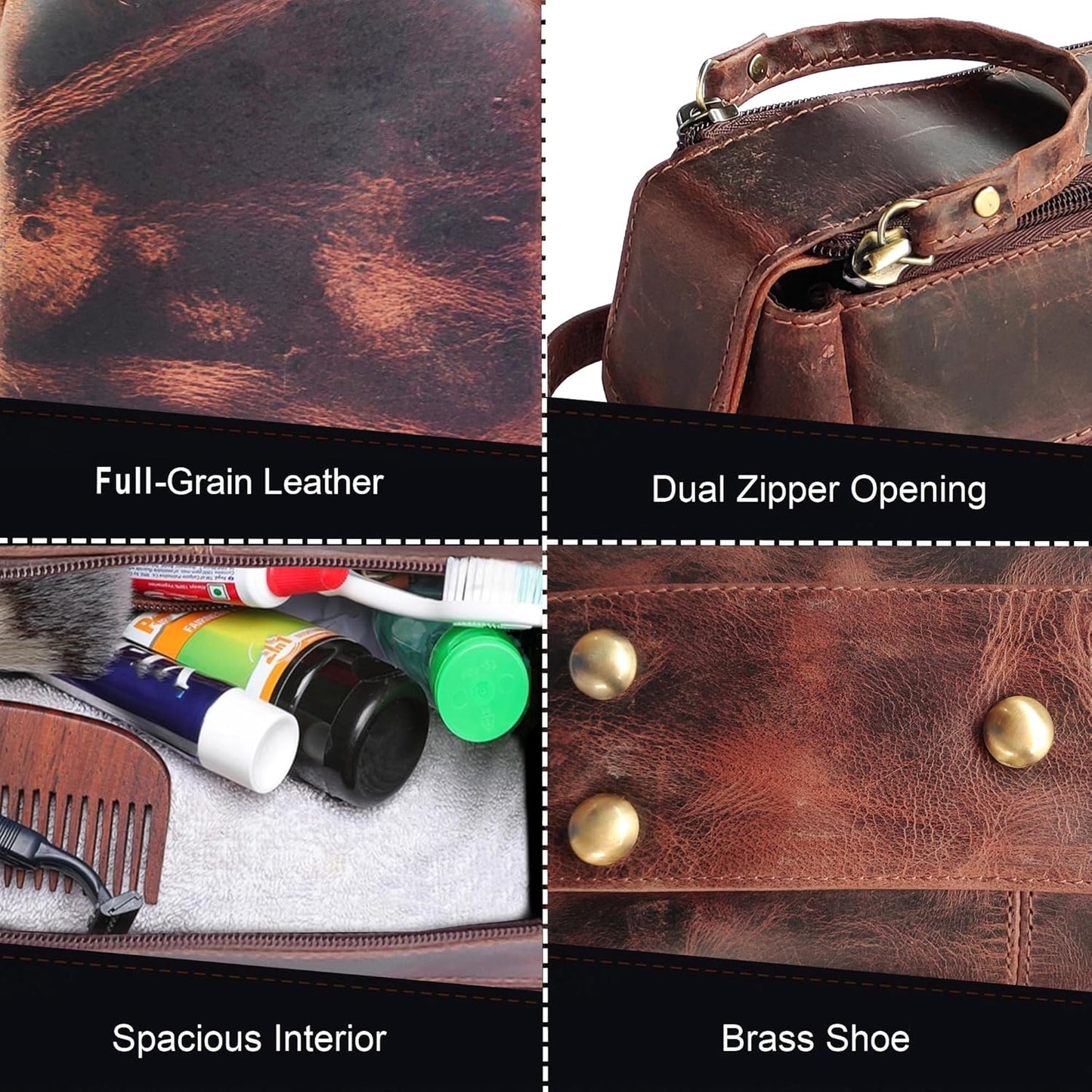 RUSTIC TOWN Buffalo Leather Toiletry Bag : Vintage Travel Shaving & Ditty Kit : for Toiletries, Cosmetics & More : Spacious Interior & Waterproof Lining : Compact, Fits Easily in Luggage