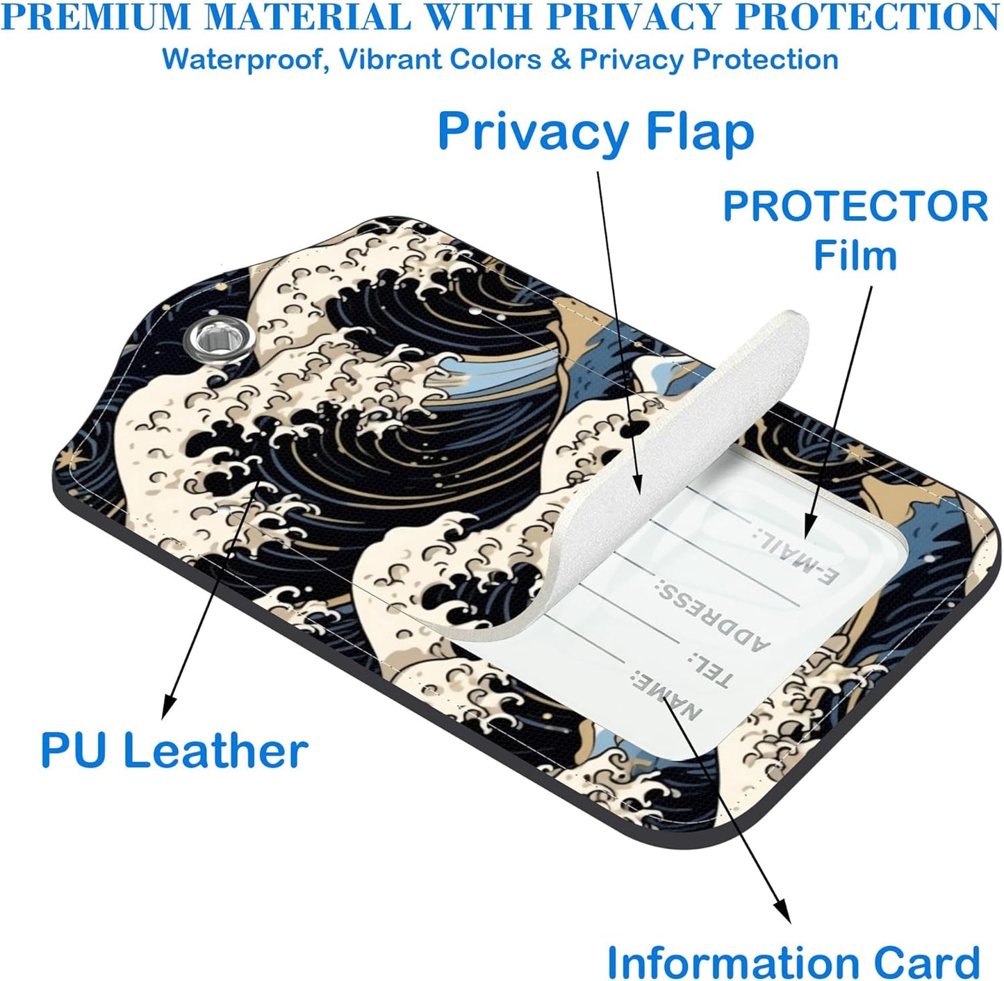 2 Pcs Luggage Tags for Suitcases, Japanese Art Blue and White Waves Leather Bag Tags for Luggage Privacy Cover Name ID Label with Stainless Steel Loop Cruise Airport Travel Essentials