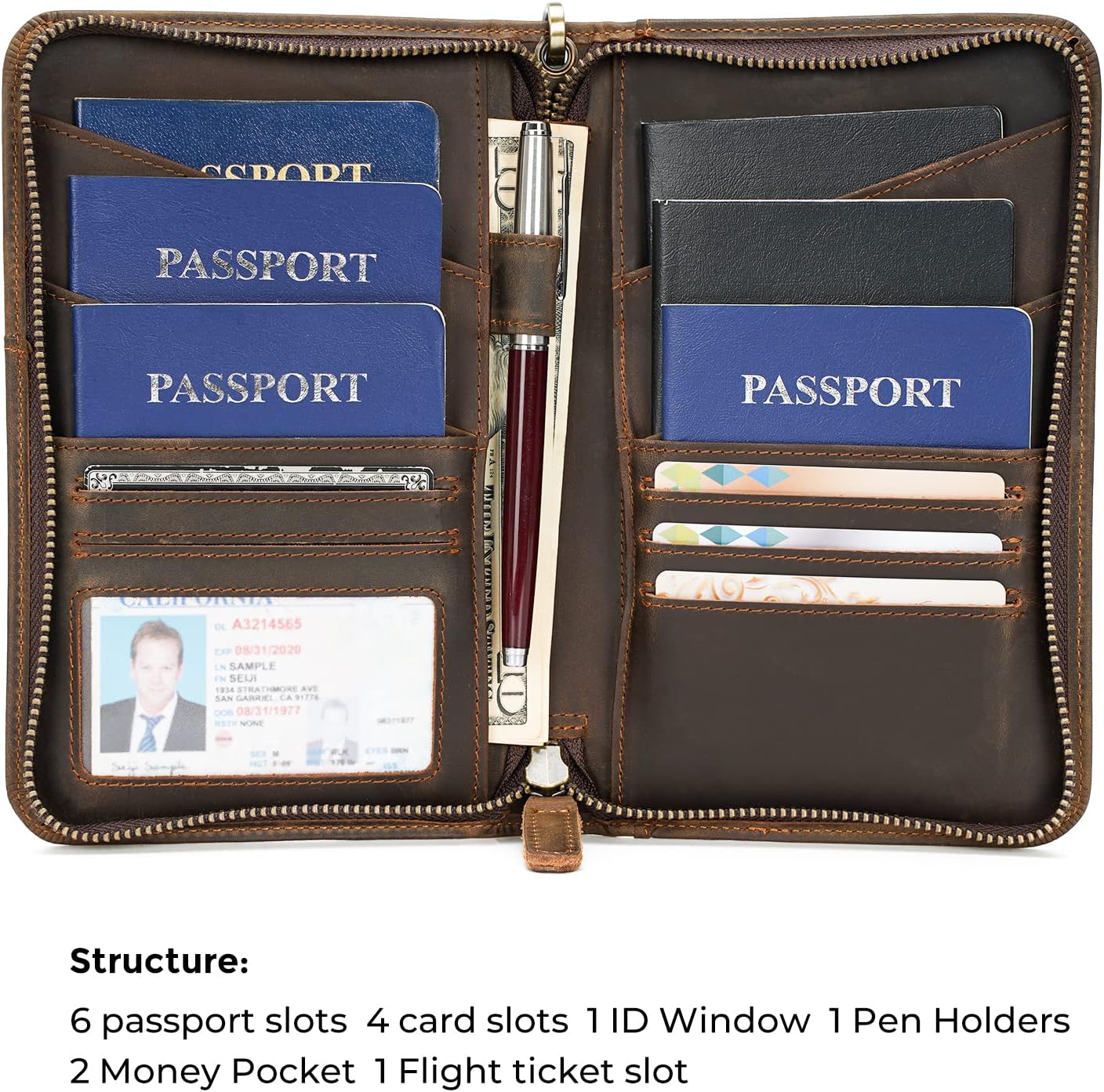 Passport Holder Wallet Full Grain Leather RFID Blocking Passport Cover Case Family Travel Wallet for 6 with YKK Zipper