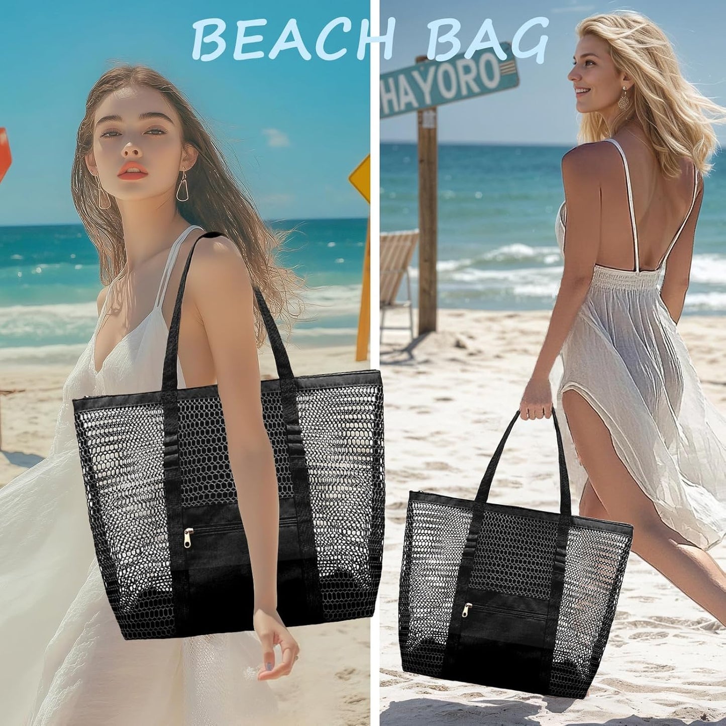 Mesh Beach Bags for Women with Zipper Foldable Hobo Tote Bag Vacation Shoulder Bags for Swimming Pools