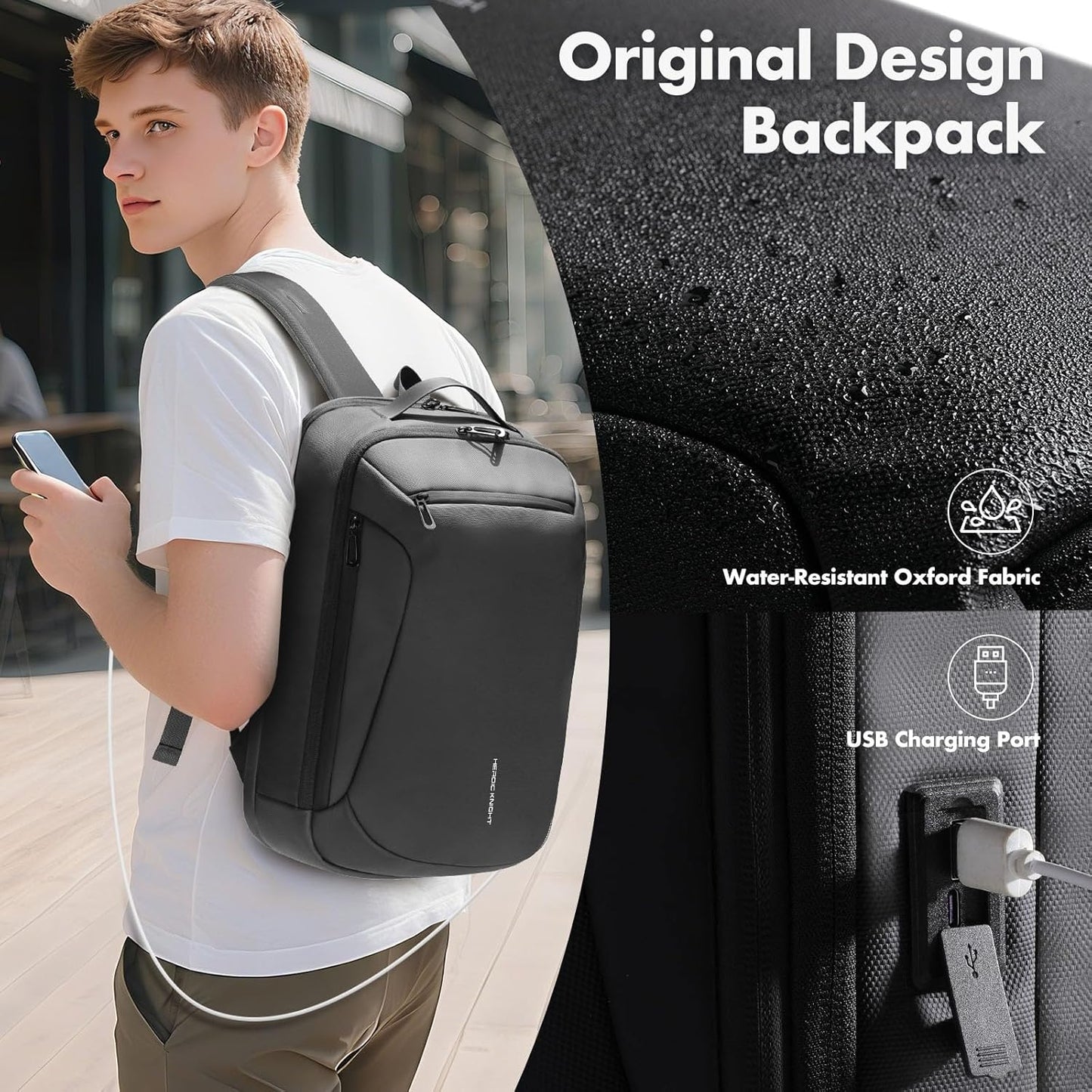 Laptop Backpack for Men,Slim Business Travel Backpack with USB Charging Port, Waterproof College Computer Office Work Bag Fits 15.6 Inch, Anti Theft High-Tech Casual Daypack Gift for Men Women, Black