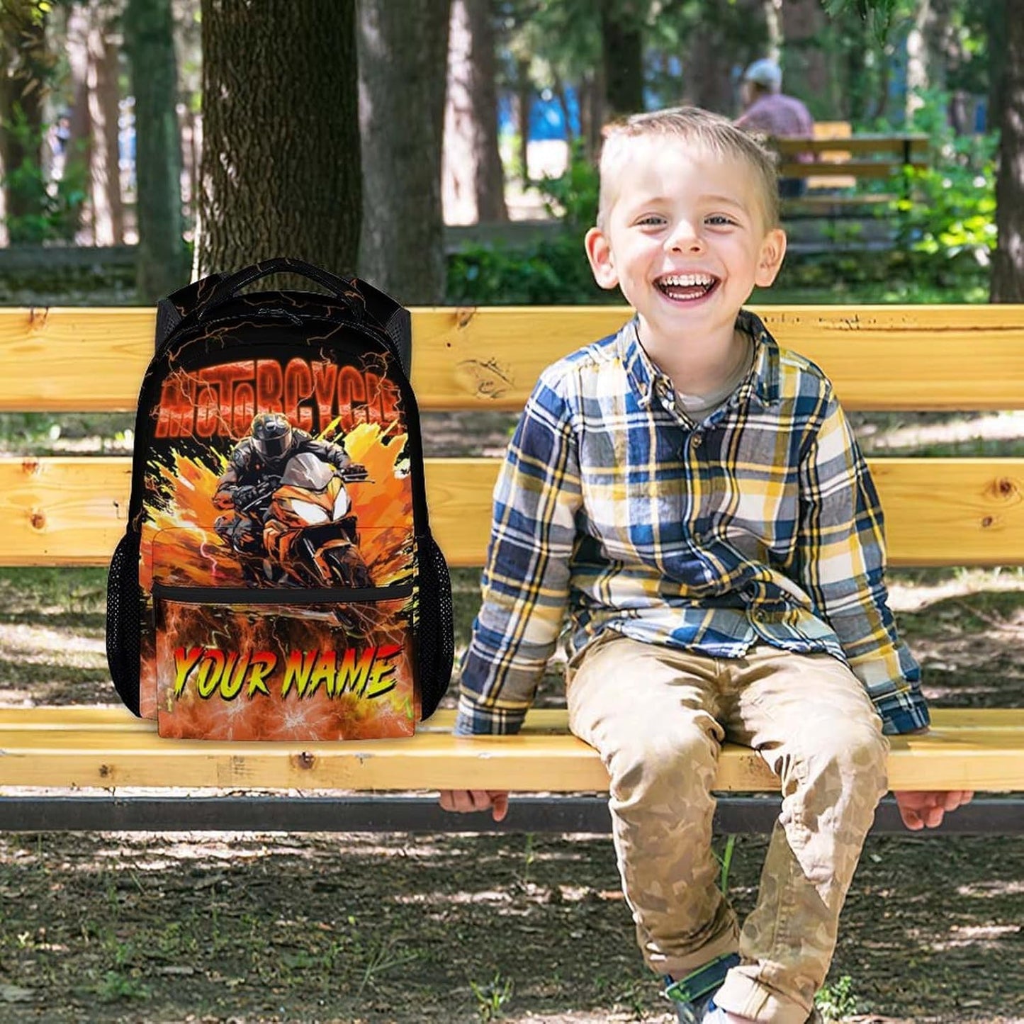 Personalized Boys Backpack, Custom Kids Bookbag with Name, Motorcycle Backpacks for School, 17 Inch Lightning Car Bookbag School Supplies