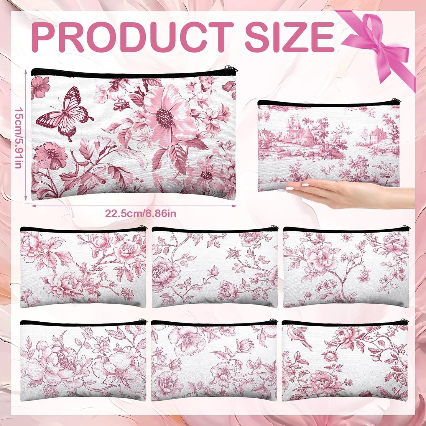 16 Pcs Floral Cosmetic Bags Bulk for Women Pink and White Floral Makeup Bags Chinoiserie Canvas Travel Zipper Pouches Aesthetic Toiletry Bag for Girls Bridesmaids Wedding Supplies