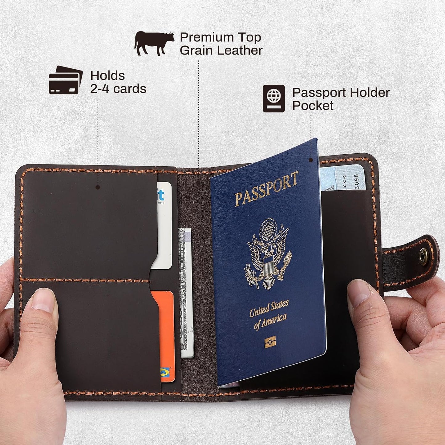 Full Grain Leather Passport Holder with AirTag, Travel Passport Wallet and Air Tag Cover for Men and Women, with 4 Card Holder