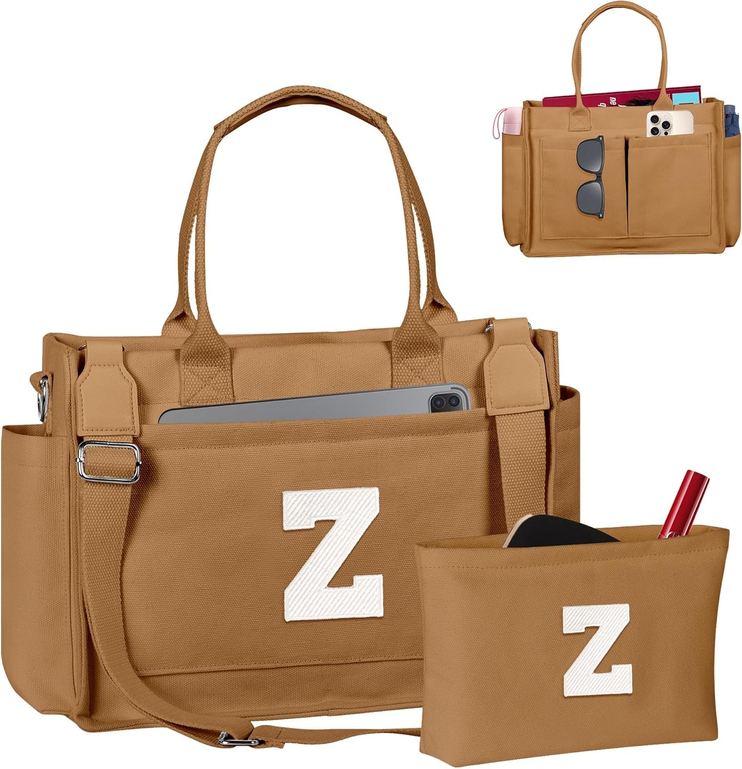 Gifts for Women Teen Girls, Initial Tote Bag with Zipper, Letter Canvas Tote Purse for College Work Laptop Beach