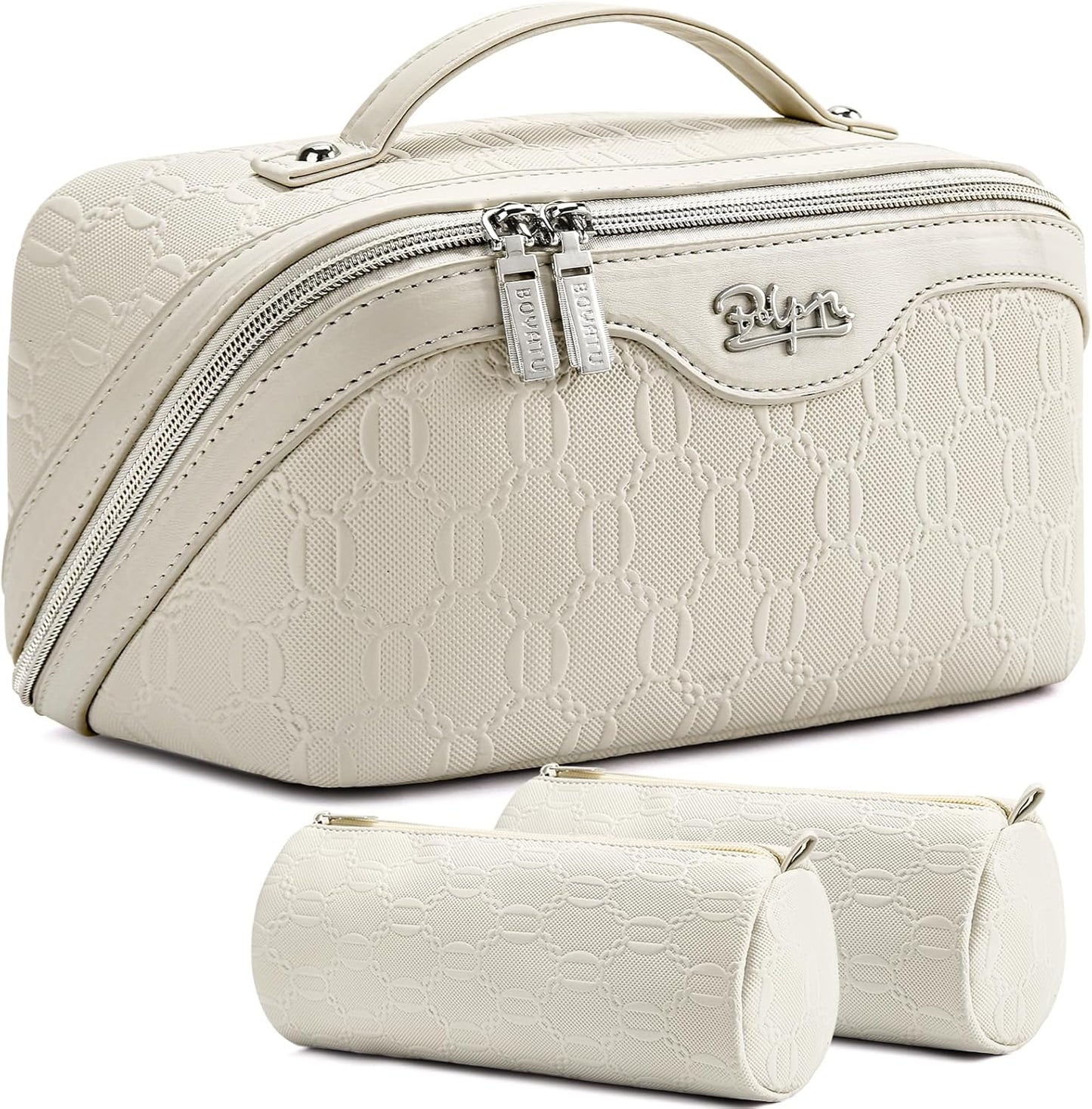 BOYATU Travel Makeup Bag for Women: Cosmetic Organizer Bag with Compartments - Leather Make up Bags Set of 3 (G-2-White)