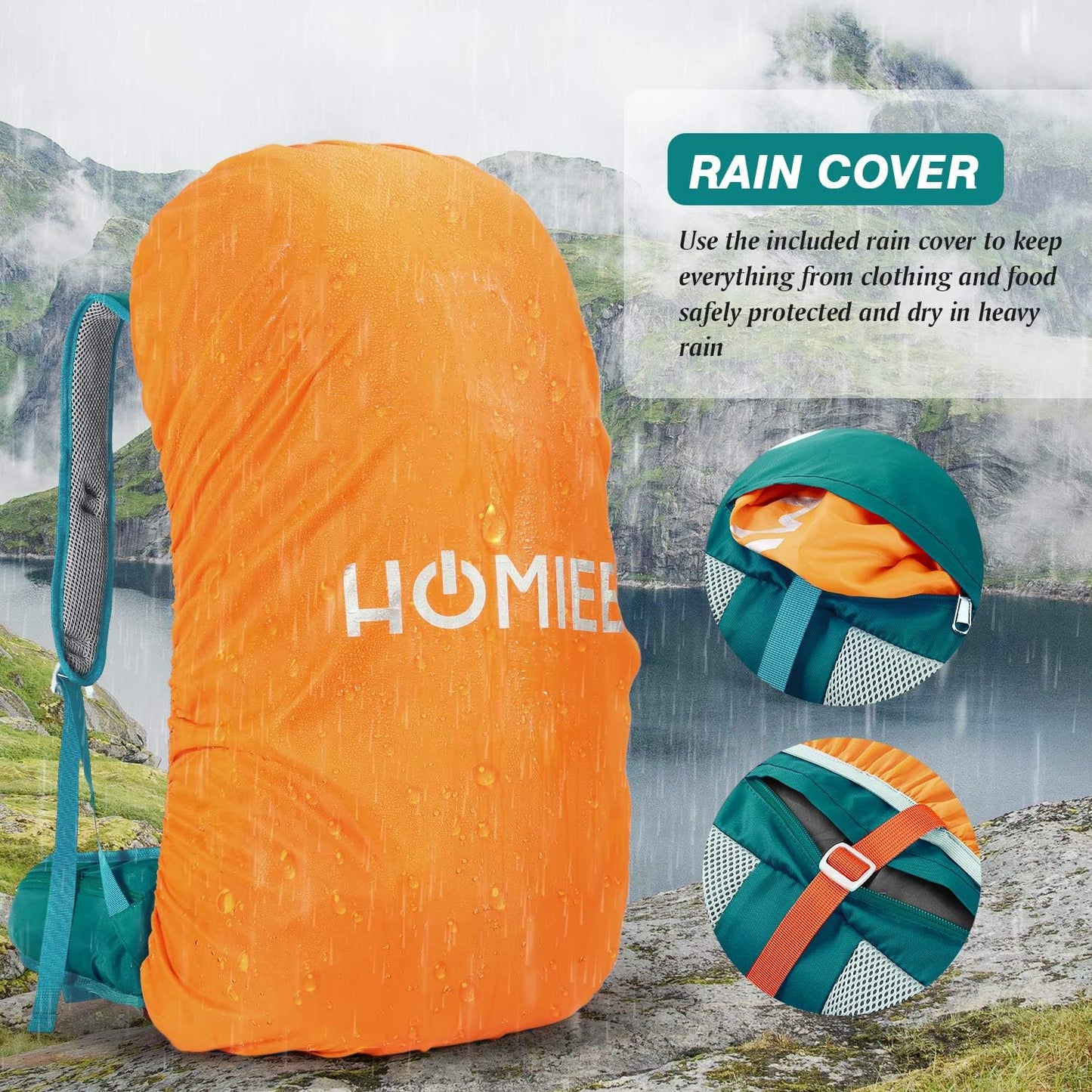 HOMIEE 50L Hiking Backpack Travel Bag Waterproof Camping Rucksack with Rain Cover Lightweight Backpacking Backpack