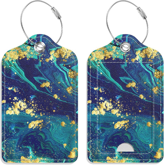 Luggage Tags for Suitcase, 2 Pack PU Leather Travel Cruise Luggage Tag with Privacy Flap, Name ID Label and Metal Loop for Women Men Suitcase Baggage Bag Backpack Instrument, Teal Marble