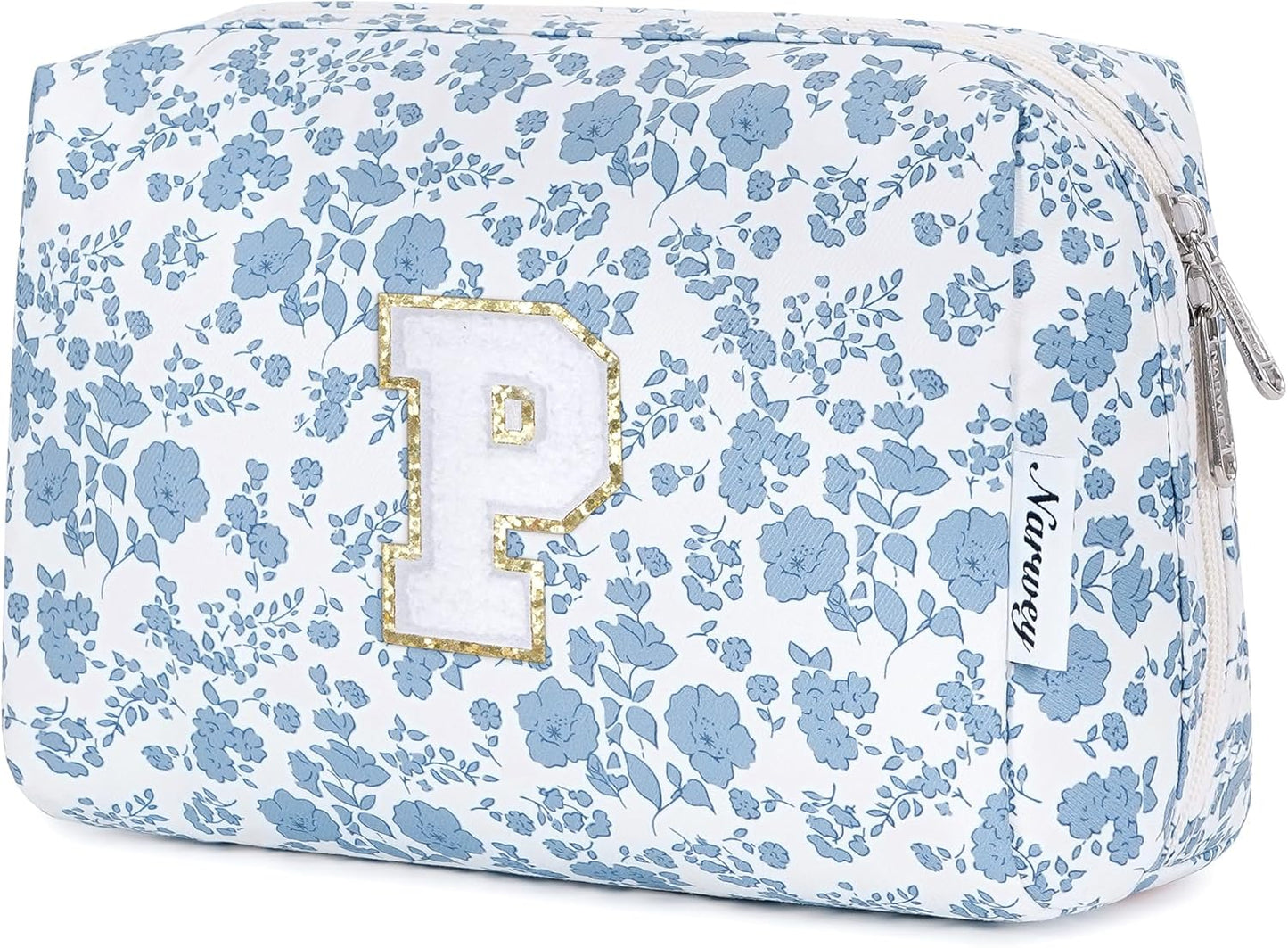 Narwey Birthday Gifts for Teen Girls Kids Women Personalized Initial Floral Makeup Bag Cute Cosmetic Trendy Stuff 6 8 10 11 12 13 14 16 18 Years Old Travel Toiletry Bag (Little Blue Flower P)