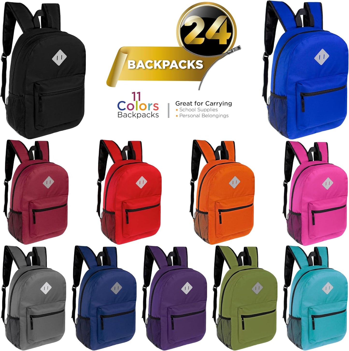 24-Pack 17" Classic Patch Backpacks for Kids, 11 Assorted Colors - Bookbags in Bulk for Elementary, Middle, and High School Students
