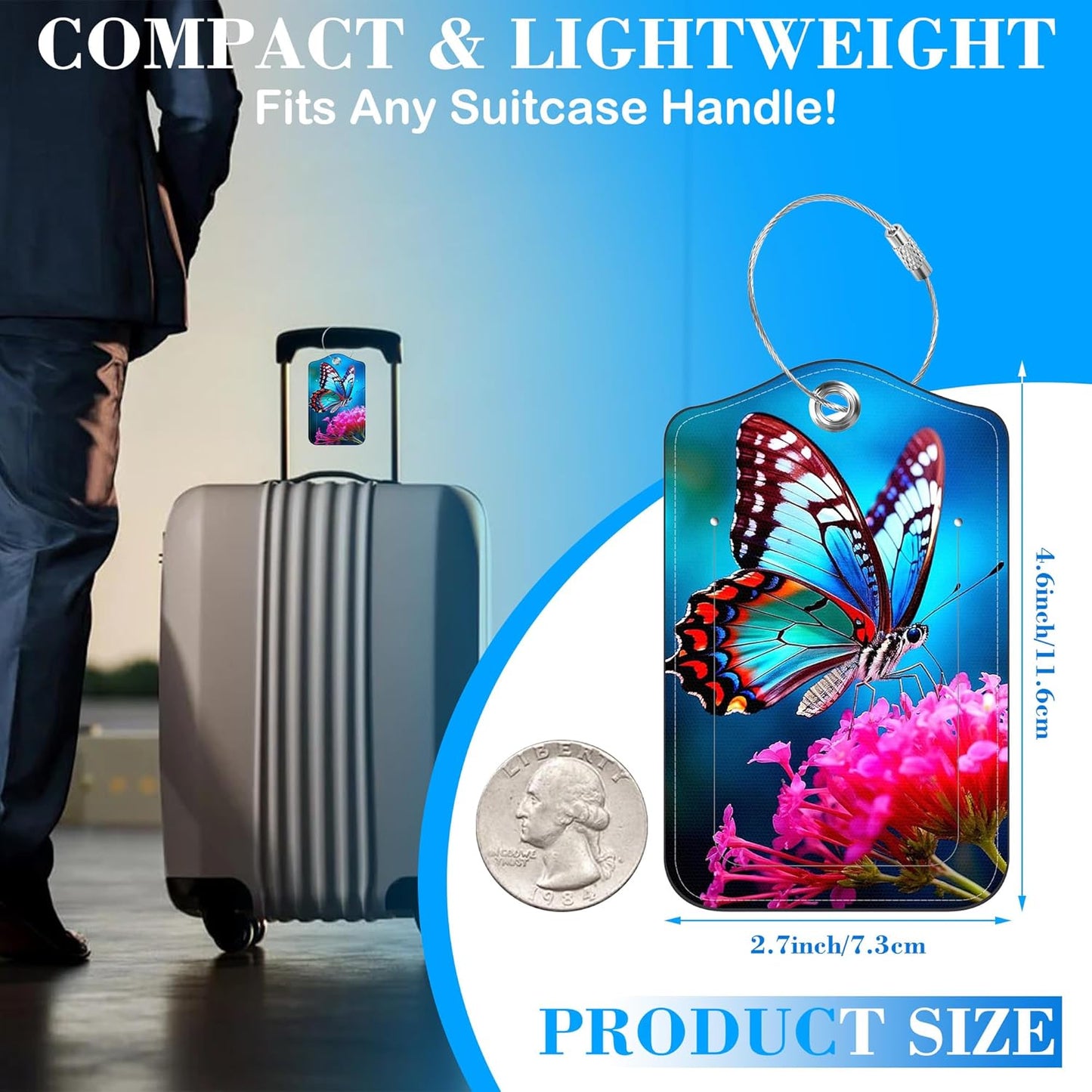 2 Pcs Luggage Tags for Suitcases, Butterfly on Pink Flower Leather Bag Tags for Luggage Privacy Cover Name ID Label with Stainless Steel Loop Cruise Airport Travel Essentials