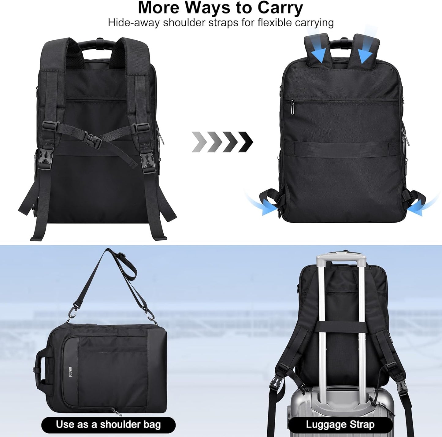 PIJUSHI Laptop Backpack for Women Men Personal Item Travel Backpack Convertible Carry on Bag Flight Approved(PE042 Black)
