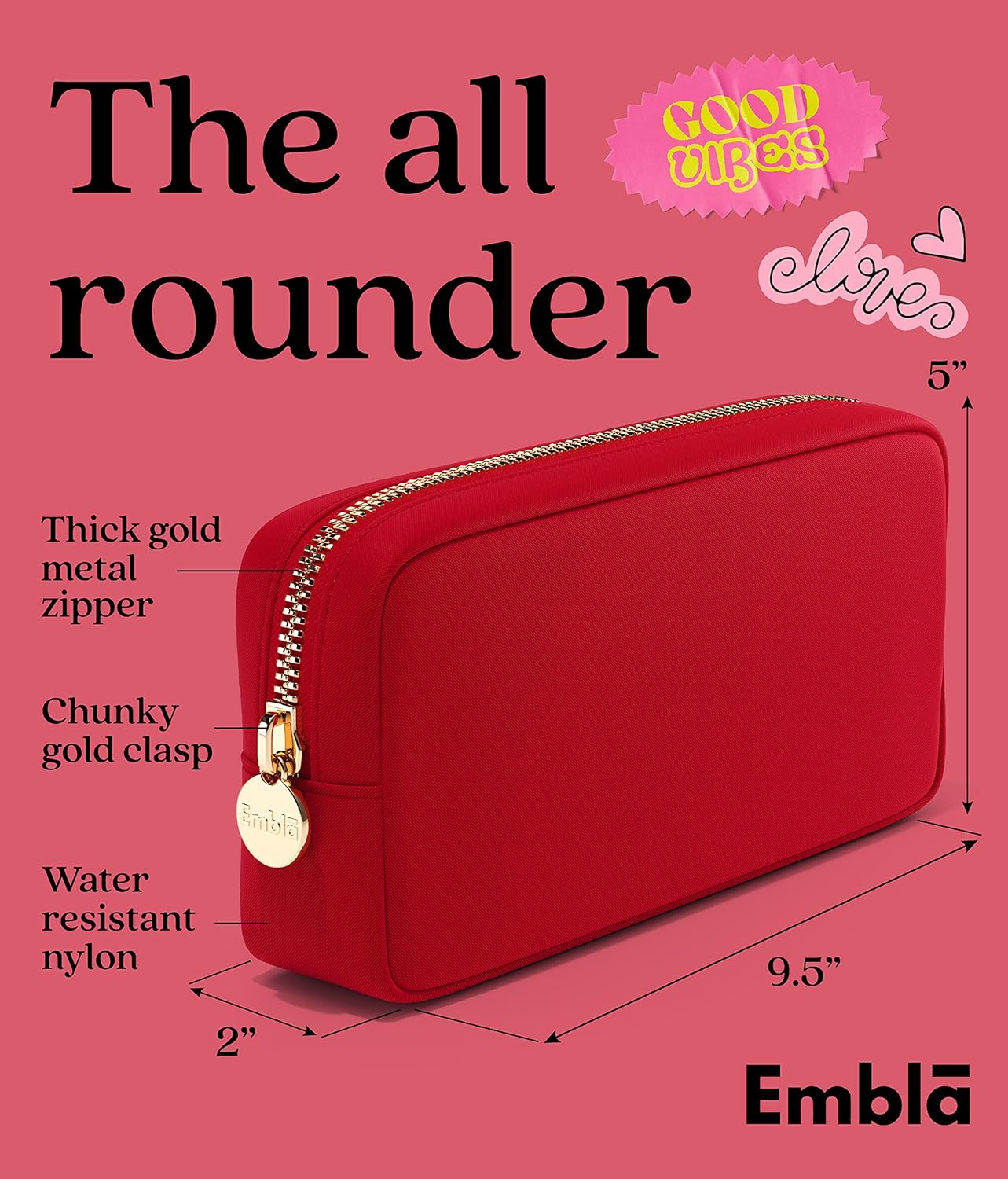 Embla Makeup Bag Travel Cosmetics Pouch and Toiletry Bag, Nylon Zipper Pouch Purse, Cute Make Up Organizer Storage Tote for Women Girls, Waterproof Travel Skincare Case, Small Makeup Bags, Ruby Red
