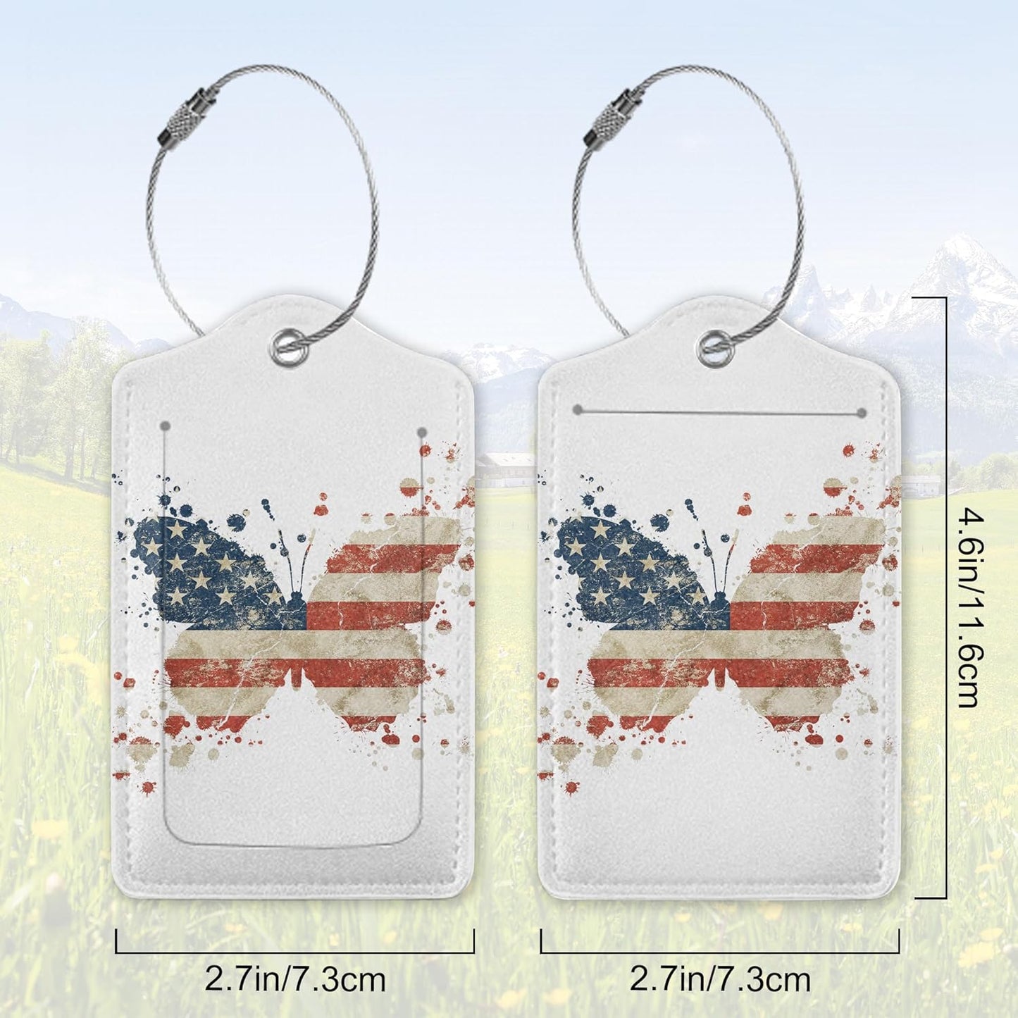 2 Pack Leather Luggage Tag for Suitcase American Flag Watercolor Butterfly Unique Travel Tags with Privacy Cover ID Label & Stainless Steel Loop for Men and Women Baggage