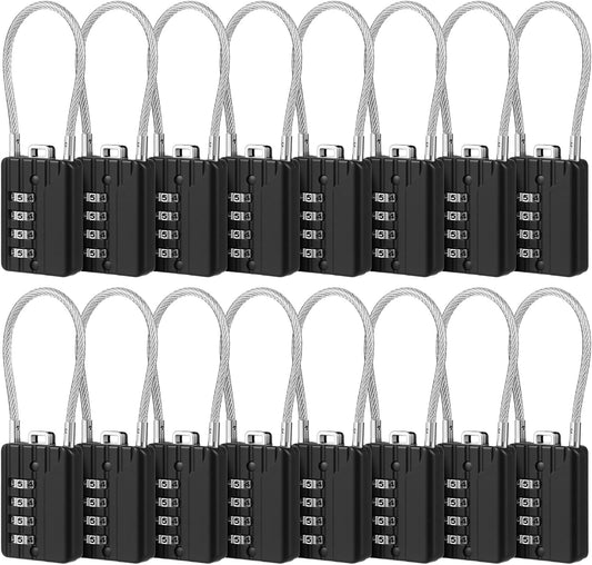 Moxweyeni 16 Pack Luggage Combination Lock 4 Digit Cable Padlock for Gym Padlock Waterproof Resettable Padlocks for Travel Suitcase Backpack School Gym Cabinet (Black)