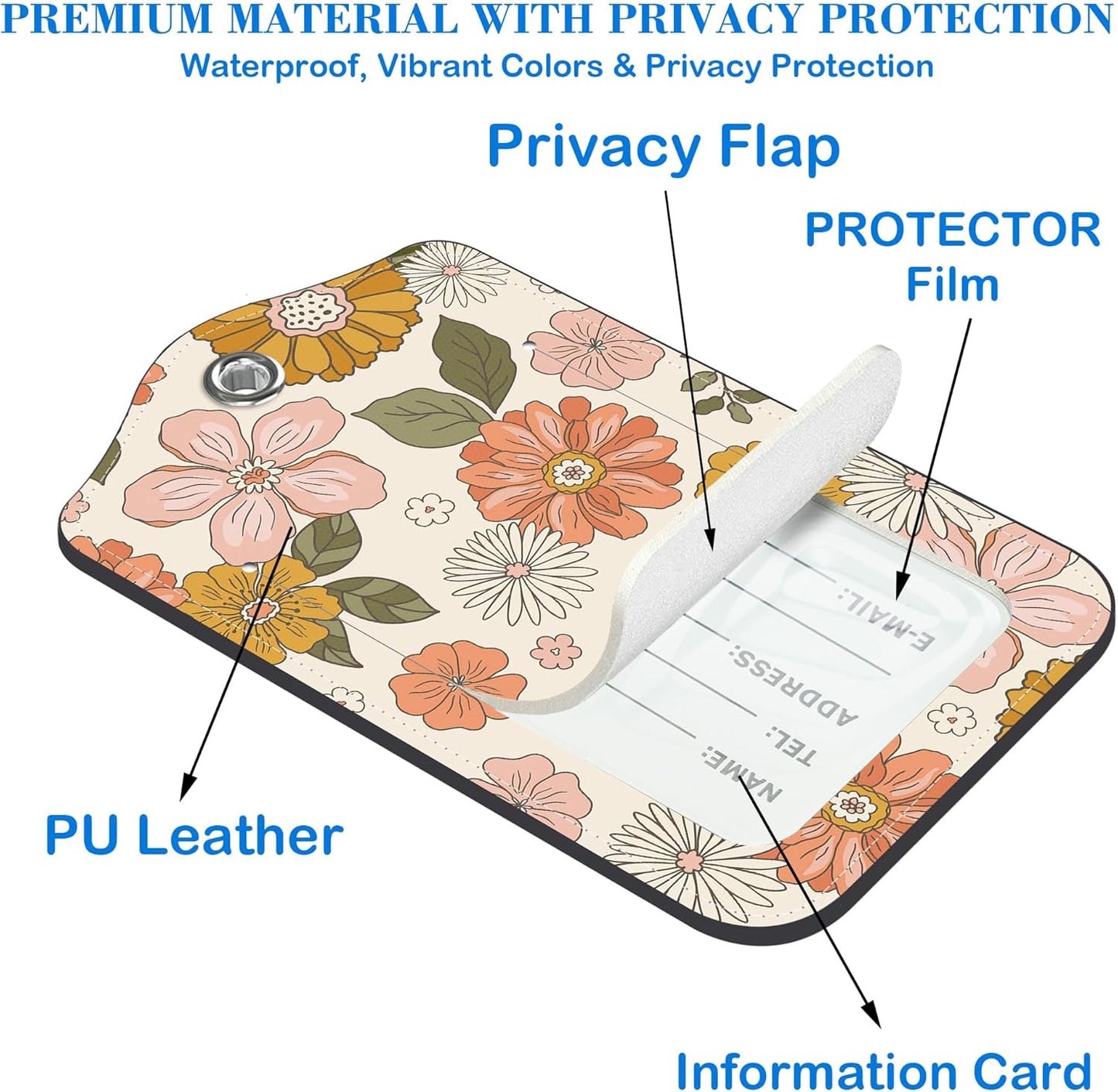 2 Pcs Luggage Tags for Suitcases, Retro Groovy Boho Flower Leather Bag Tags for Luggage Privacy Cover Name ID Label with Stainless Steel Loop Cruise Airport Travel Essentials